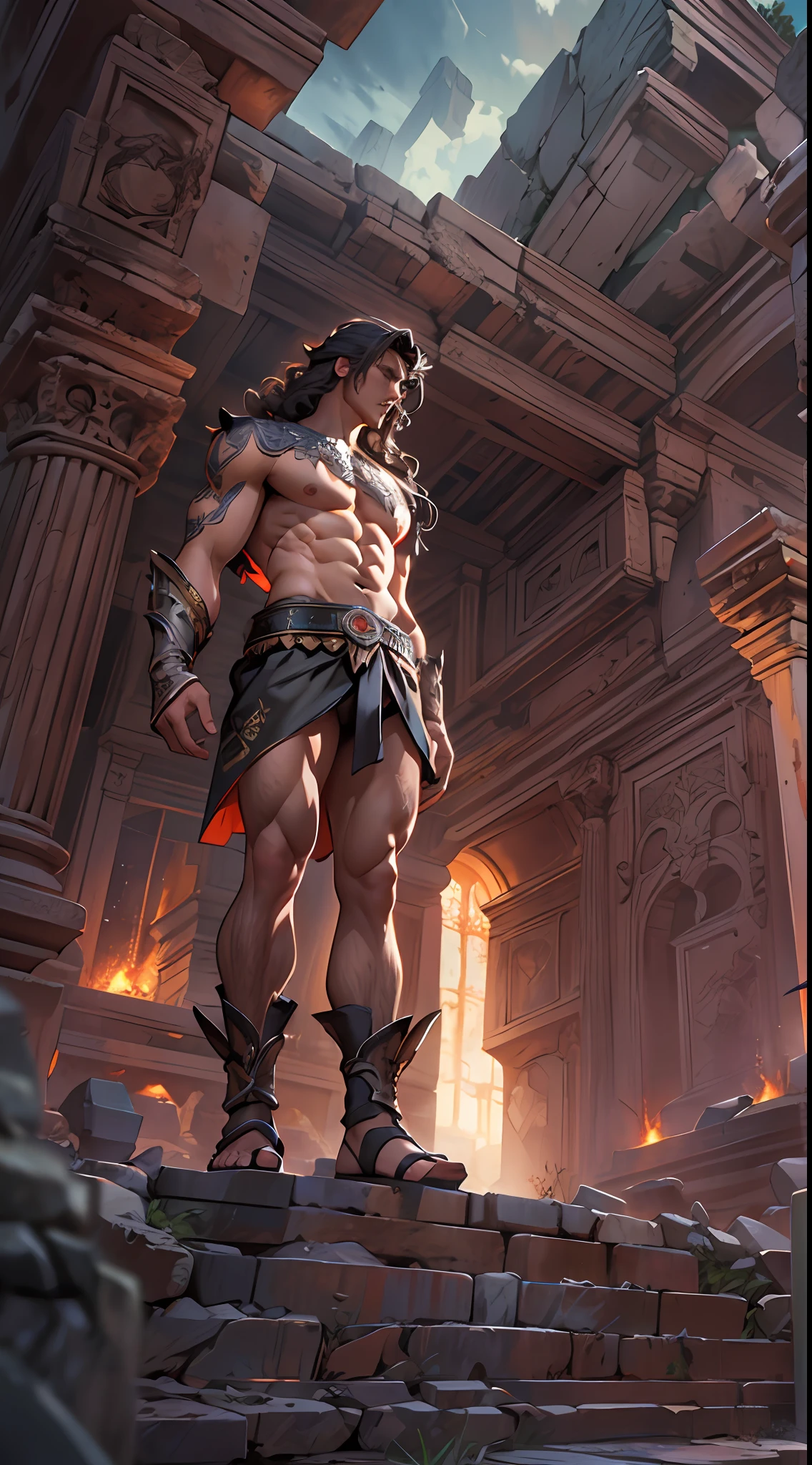 Ripped hero, shirtless upper body, legs revealed from thighs to feet, cascading long curls, intricate muscular details, photorealistic artwork, 4K resolution. Background: Mystic ancient ruins with glowing symbols,32k uhd, best quality, masterpiece, super detail, high details