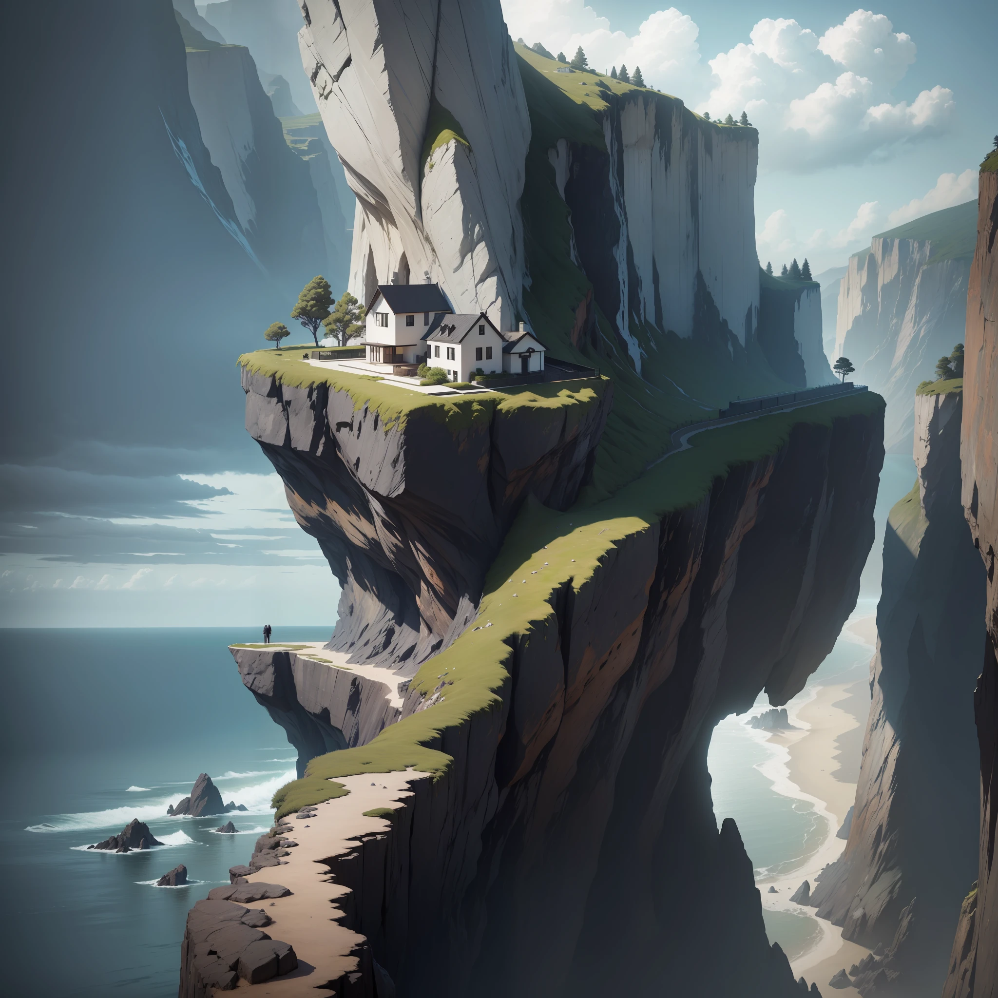 an inspiring minimal house, in a cliff, look at the sea, black burnt wood facades, two volumetric forms, narrow proportion, open windows, cinematic, photorrealistic, 4K, 28mm, ambient light, intricate detailed, very detailed vegetation, quixel megascan, a red sportive boat in front of the cliff