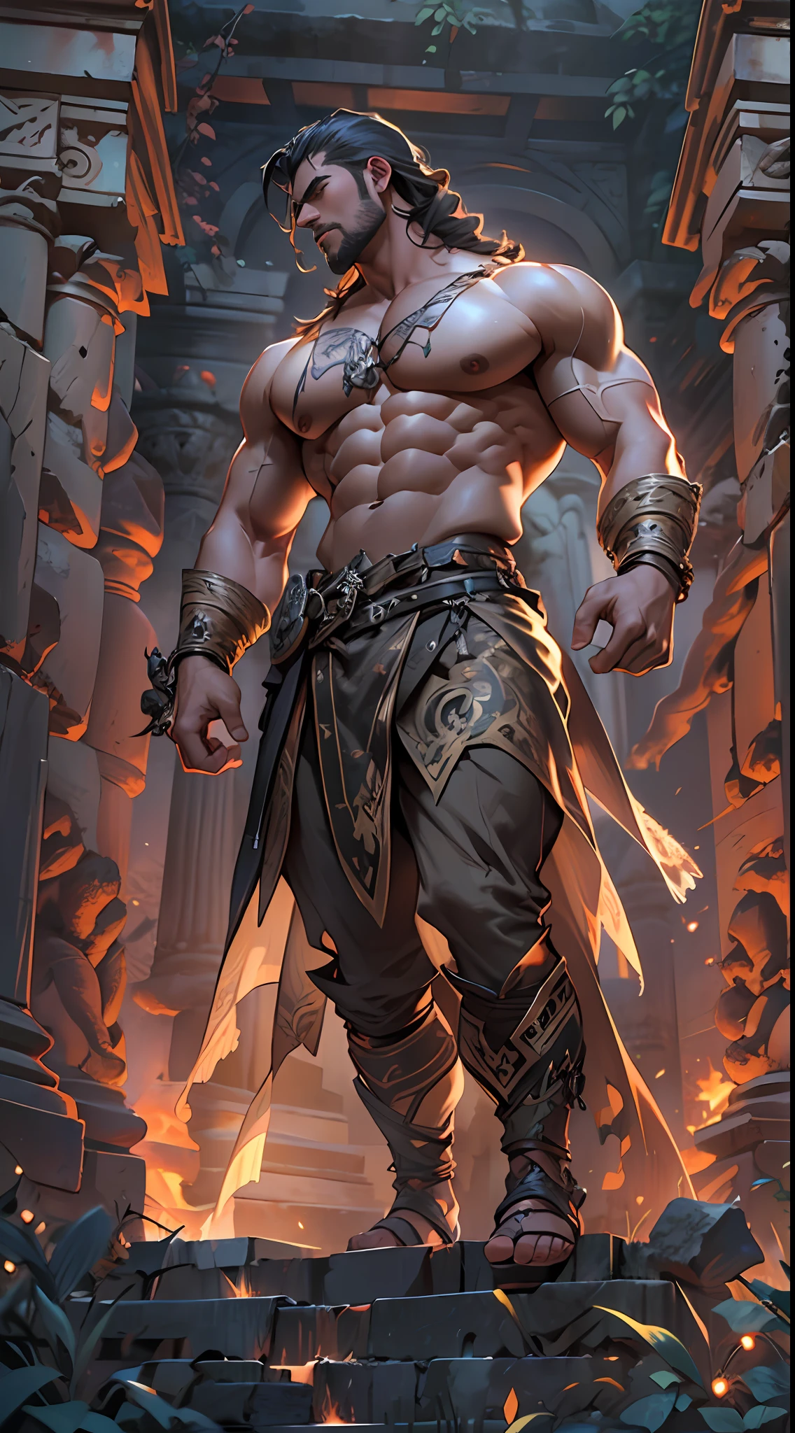 Ripped hero, shirtless upper body, legs revealed from thighs to feet, cascading long curls, intricate muscular details, photorealistic artwork, 4K resolution. Background: Mystic ancient ruins with glowing symbols,32k uhd, best quality, masterpiece, super detail, high details