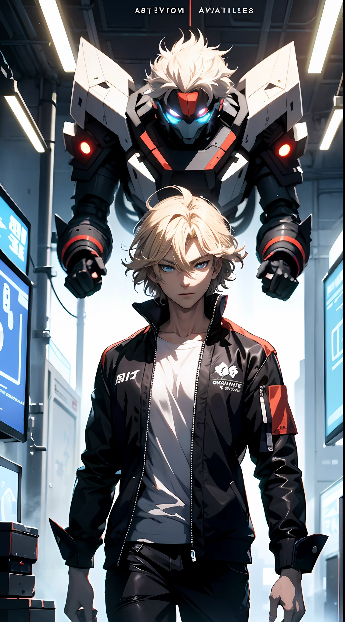 Anime characters with blonde hair and blue eyes in futuristic environment, Best anime 4k konachan wallpaper, Badass anime 8 K, Key anime art, Digital cyberpunk anime art, advanced digital anime art, anime mecha aesthetic, nagito komaeda, Tall anime guy with blue eyes, handsome guy in demon killer art, Detailed digital anime art