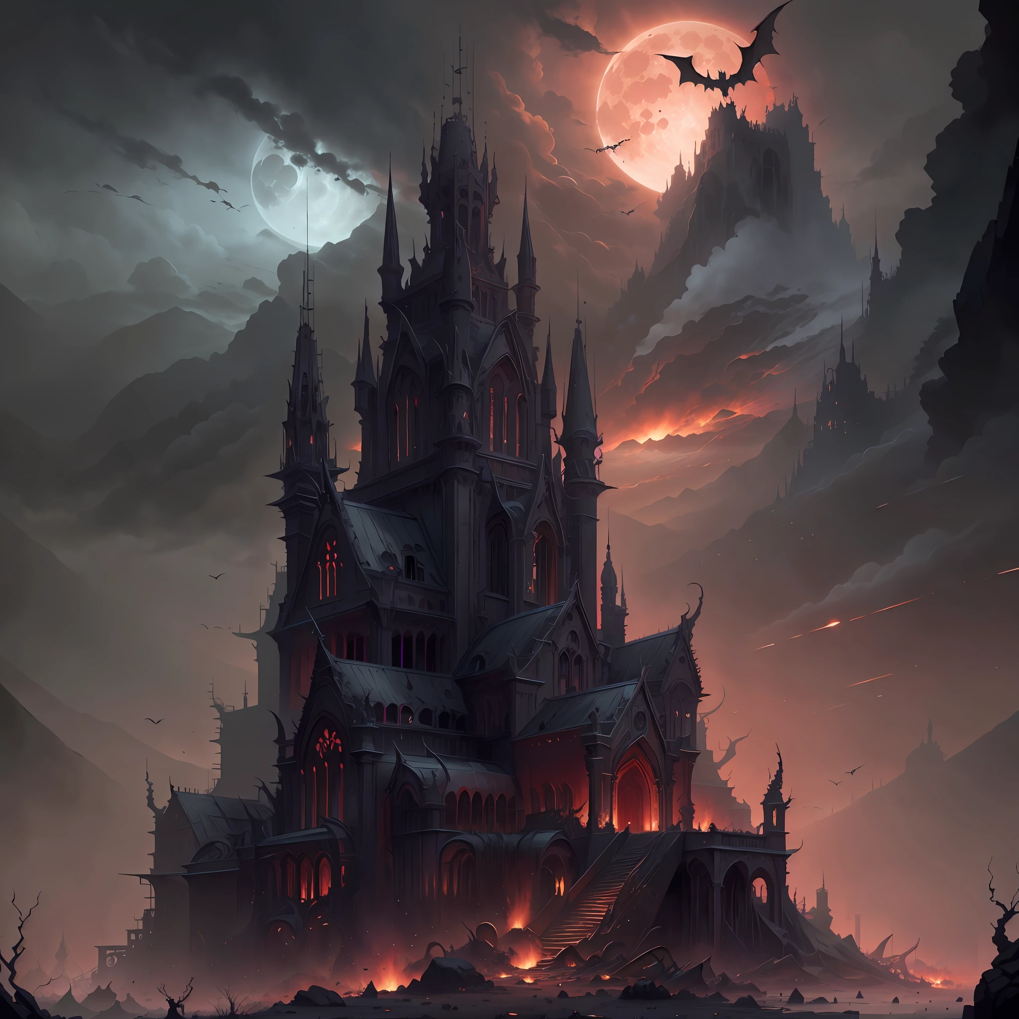 A creepy black castle，Fortress of fantasy，spires，minaret，Masonry construction，Rust carved pattern，Iron railings，Broken appearance，Black clouds，Black sky，Black night，Big red moon，Big old tree，Surrounded by mountains，the woods，Flying bats，Gothpunk，gothicarchitecture，Arched windows，The windows are dimly red，Punk-style ruins，stereogram, Black tone lighting， cinematic lighting,  8k, super detail, ccurate, best quality