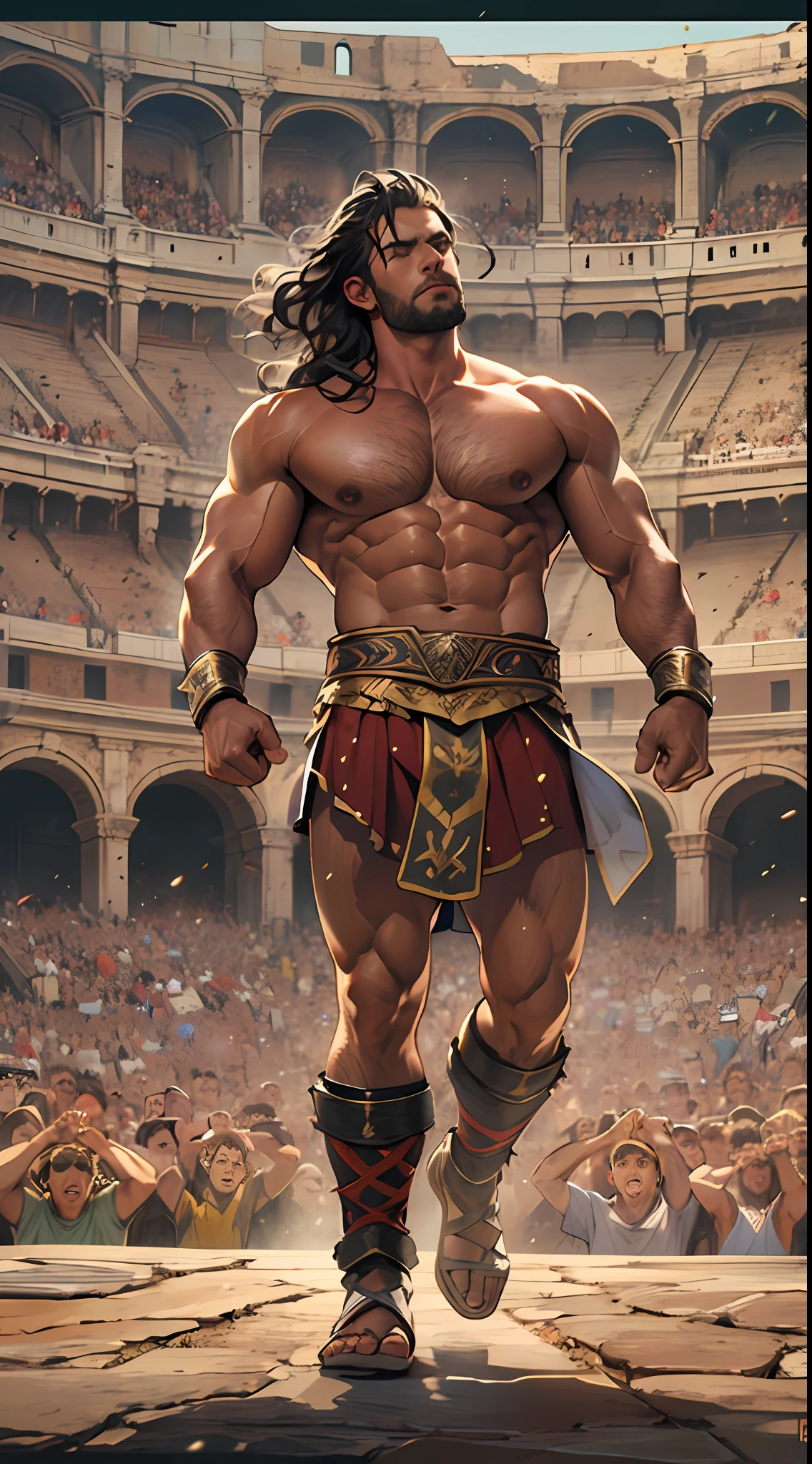 Mighty gladiator, upper torso exposed, legs unclothed from thighs to feet, flowing long curls, detailed muscular physique, lifelike depiction, 4K resolution. Background: Roman colosseum filled with cheering crowd.,32k uhd, best quality, masterpiece, super detail, high details