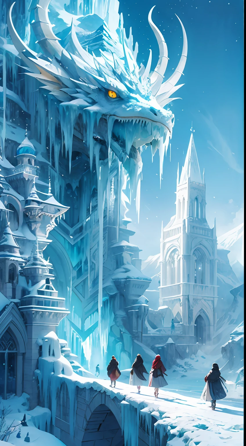 Majestic walls of ice and snow, It is beautifully carved with a dragon pattern, Guard this ice city. Old snow palace, Showcasing exquisite architecture, Exudes an ancient and mysterious atmosphere. The city is bustling，Detailed crowds walking through the city。 In the icicle-lined square, One of the tallest icicles is set with sparkling sapphires, Shines intoxicatingly.Icebergs rise in the distance， Top quality, 8K high detail, Realistic painting style. Realistic, The drawing style is biased towards game CG, Authentic painting style, fantasy concept art, high fantasy matte painting，bird's eyes view，Faraway view，The view shows the whole city。