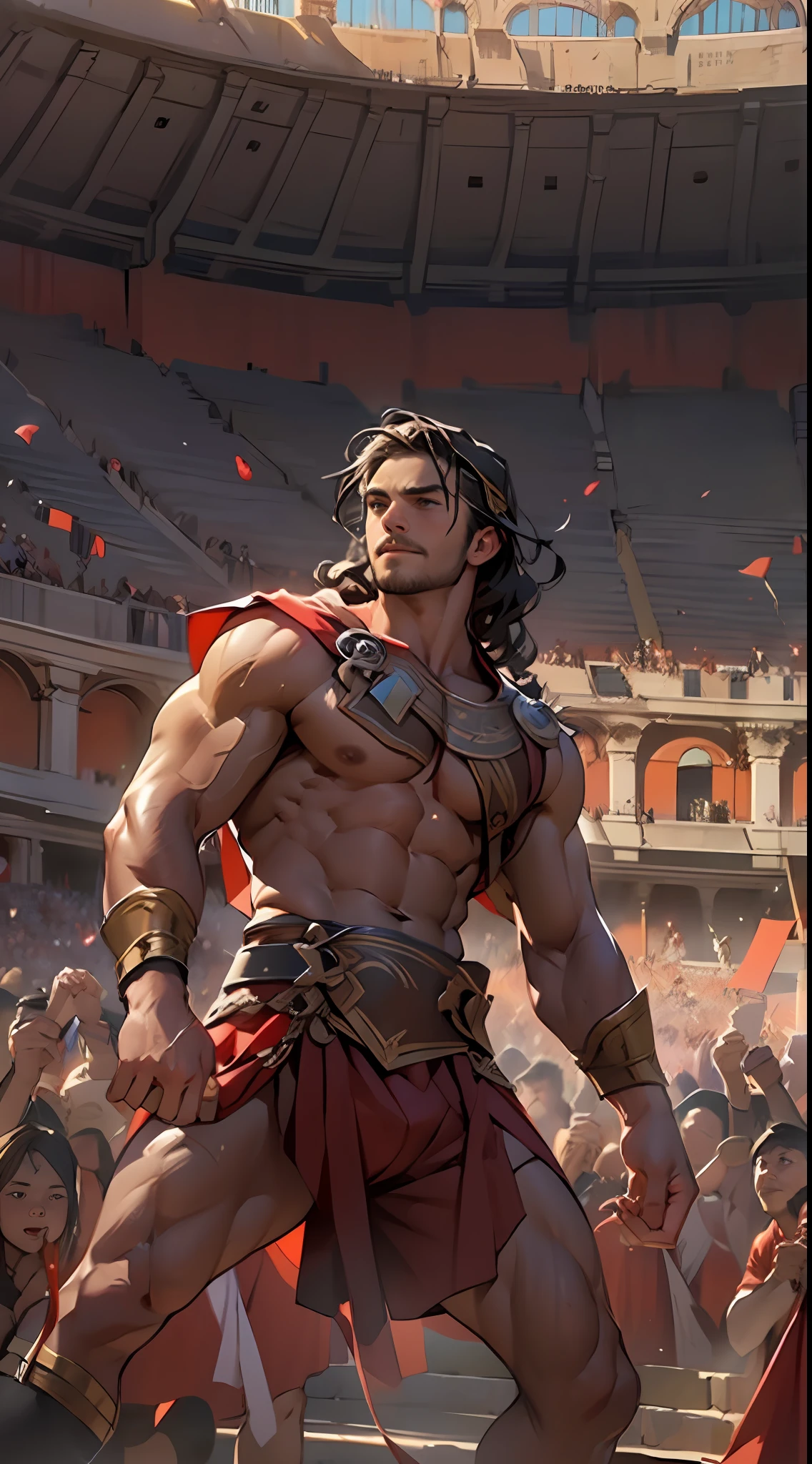 Mighty gladiator, upper torso exposed, legs unclothed from thighs to feet, flowing long curls, detailed muscular physique, lifelike depiction, 4K resolution. Background: Roman colosseum filled with cheering crowd.,32k uhd, best quality, masterpiece, super detail, high details