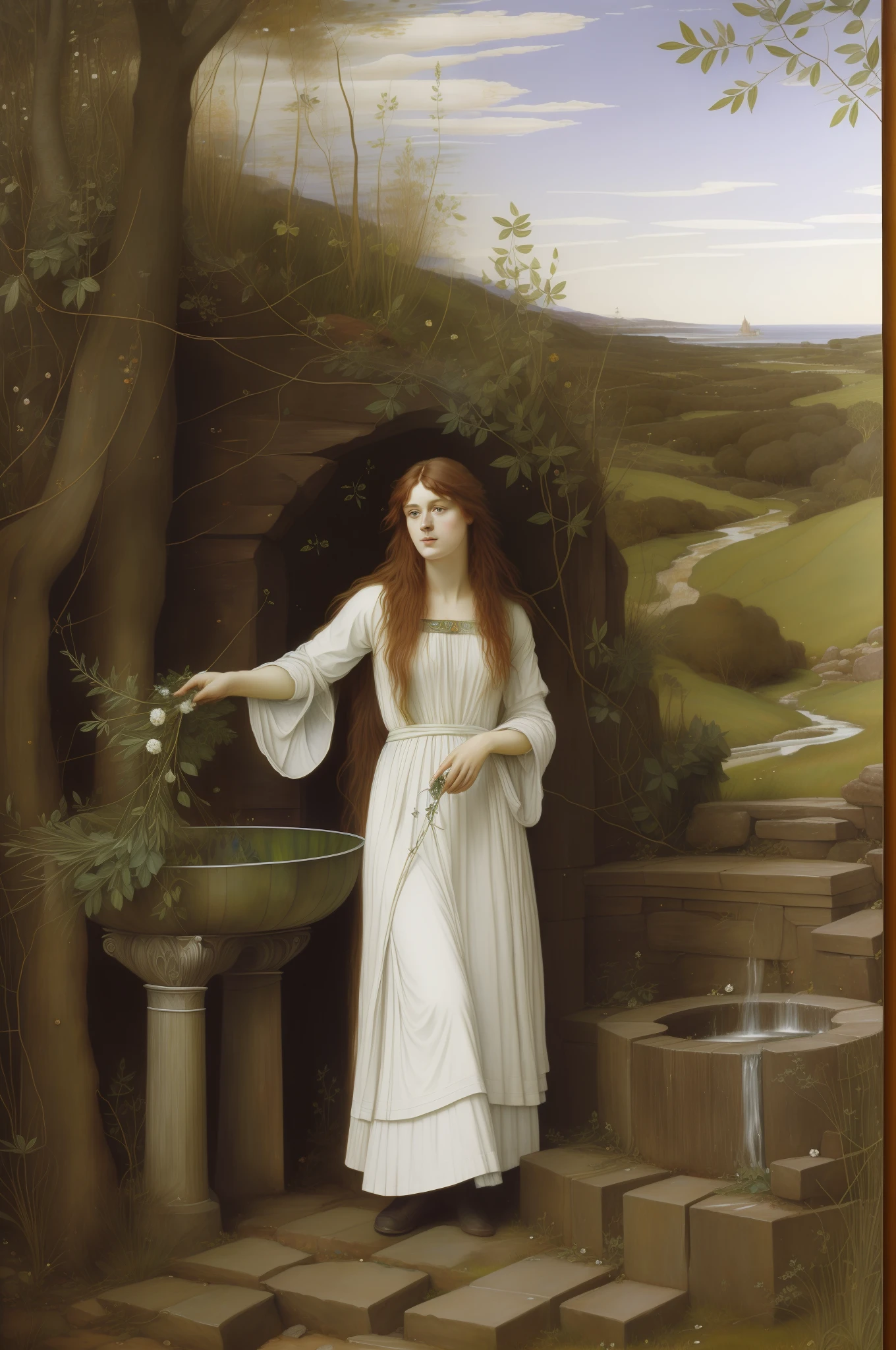 (((Pre Raphaelie Painting))) White-robed Celtic druid harvests herbs at the edge of a sacred well, samambaias, Rushes, giestas, cabelos loiros, medic, curandeiro, Celtic and Druidic