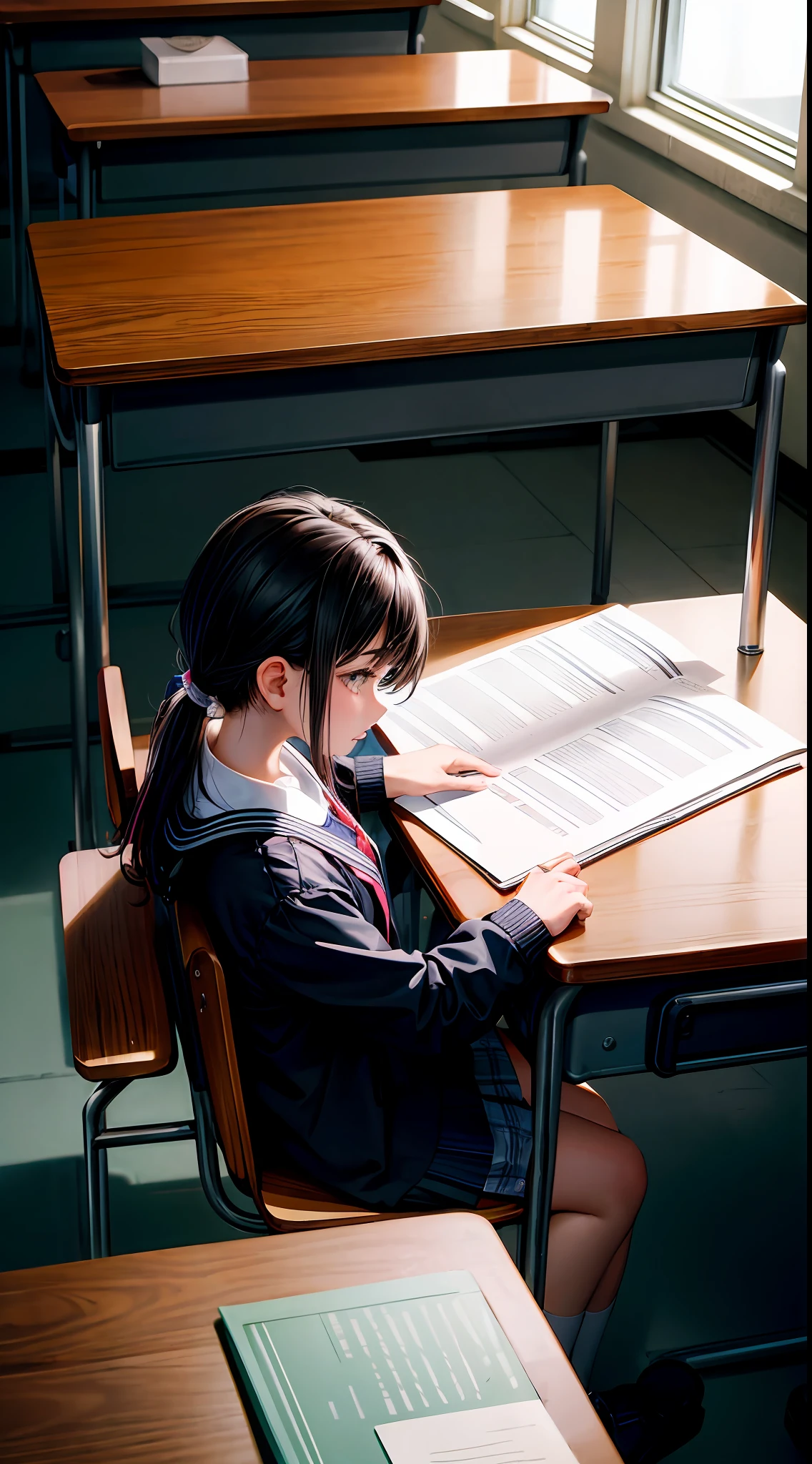hyper-detailing,A high resolution,hyper-detailing,best qualtiy,,top Quority,cinmatic lighting,Quiet classroom,1 girl studying,The phone rang,Watch from classmates around,Turn off your phone and look down to study,Classroom,sit on chair