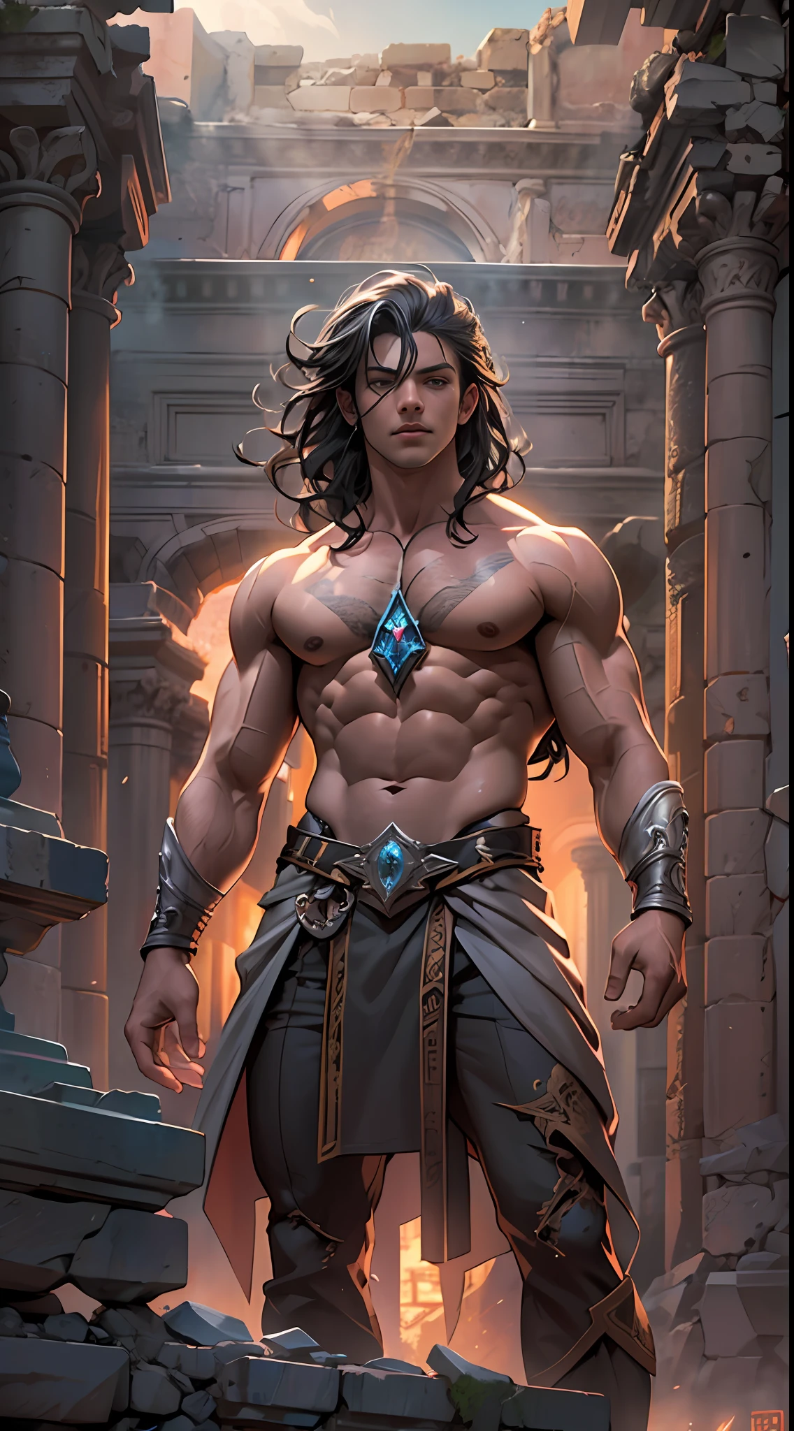 Ripped hero, shirtless upper body, legs revealed from thighs to feet, cascading long curls, intricate muscular details, photorealistic artwork, 4K resolution. Background: Mystic ancient ruins with glowing symbols,32k uhd, best quality, masterpiece, super detail, high details
