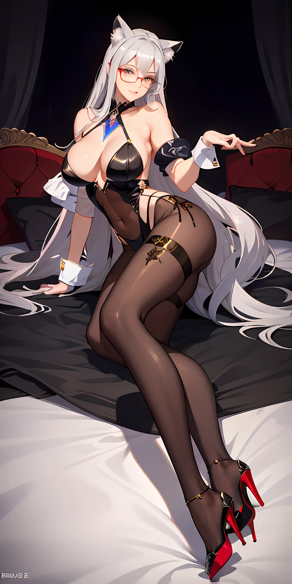 4k,realisticlying,Glamorous,The is very detailed,Beautuful Women,silber hair,enchanted,is shy,drools,Agitated,Beautiful breasts,Cocked buttocks,Lie down in bed,fox tails,nakeness,huge tit,Agitated,Wear high heels,Strong desire,Wearing glasses,Be red in the face,be violated