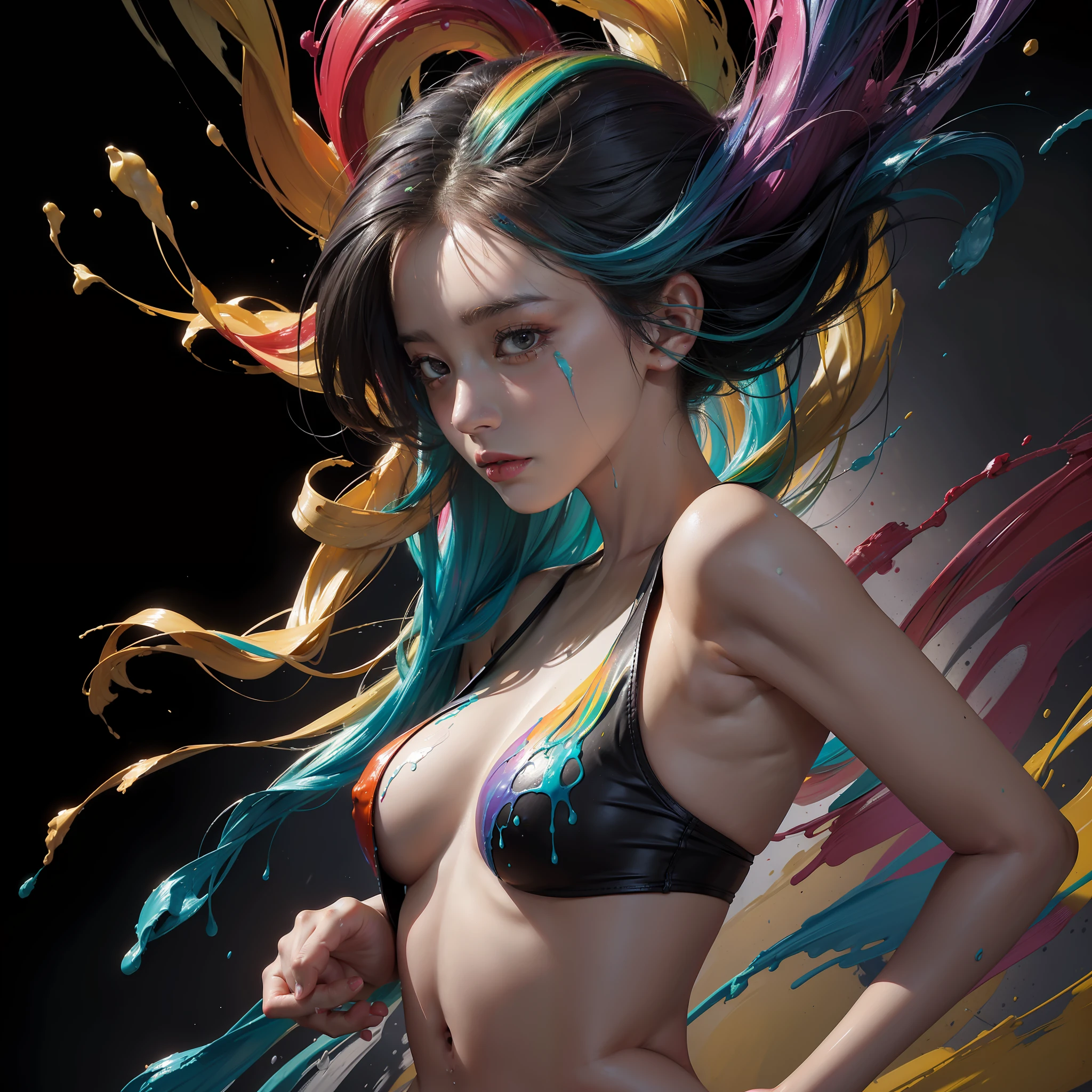 (masterpiece, high detail, high resolution), a woman looking at the viewer, colourful thick paint bursting from her head in all directions, colourful paint raining, (thick rainbow paint hair: 1.8), sensual painting, paint raining on her, small hip, (small breasts and small butts: 1.9), (((slim body))), full body view, ((no floor, black background, no background))), breasts covered with paint, sfw, calm facial expression, relaxed, ((clothes made of paint, no clothes)), detailed, (volumetric paint explosions, vibrant colours, level difference detail)