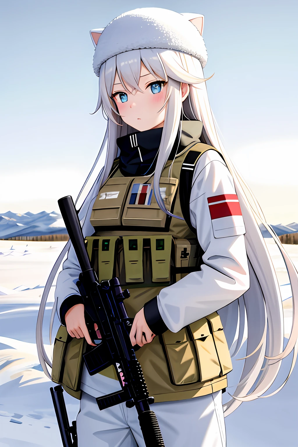 masterpiece, best quality, highres, anime, art, blush stickers, long hair, white hair, blue eyes. camouflage clothing, bulletproof vest, fluffy white winter hat, camouflage white pants, serious, gun in hand, outdoors, snowy mountain, snow, flowers
