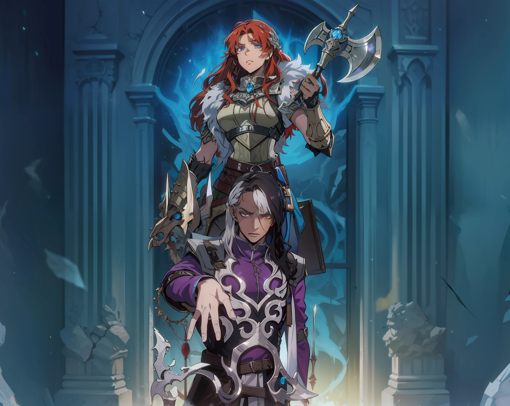 Brown-skinned Necromancer Man and Raging Nordic Viking Warrior at an Ice Gate Ghost Dark Fantasy Dark Lighting 8k