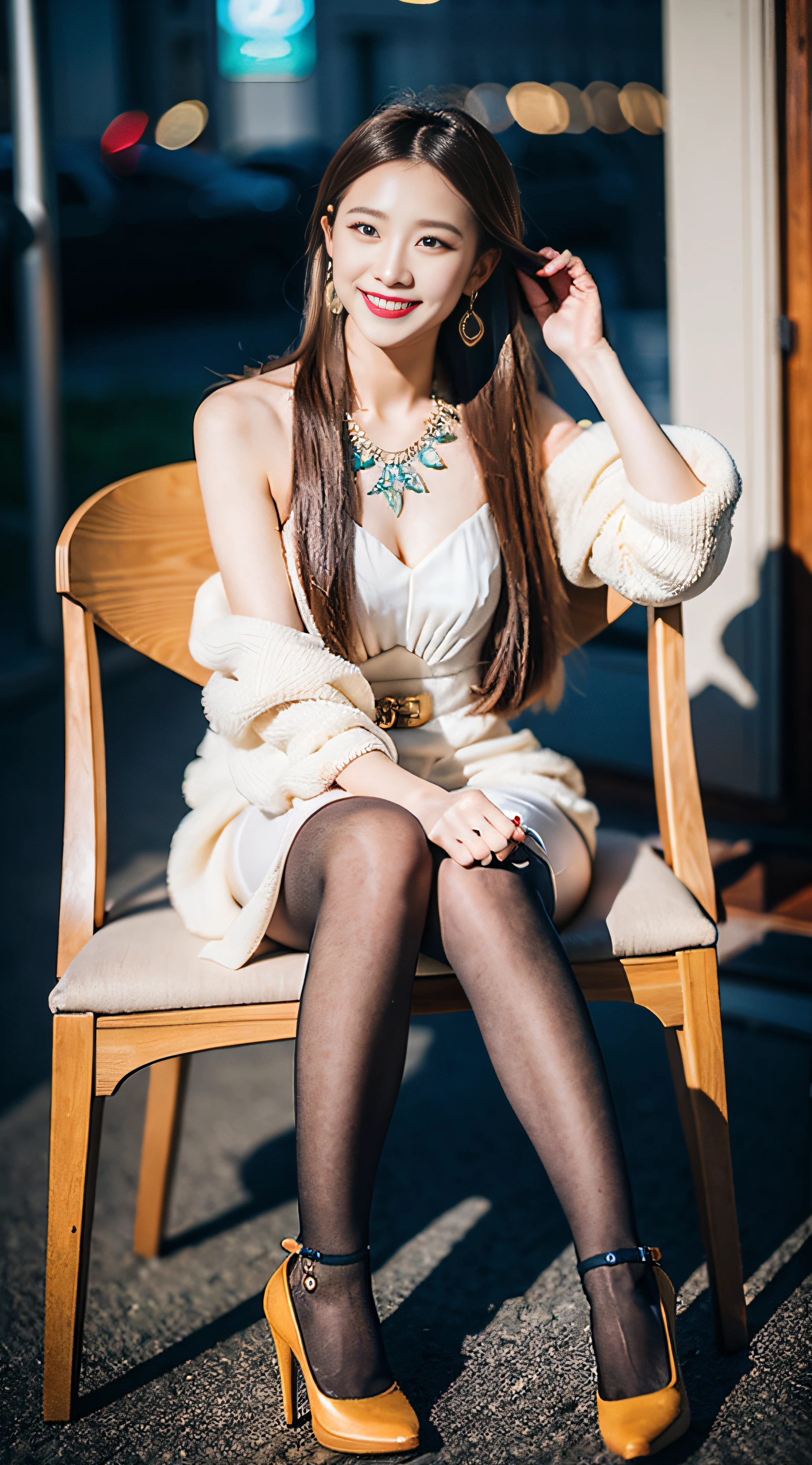 Sophisticated、masterpiece、beautiful detail、Colorful and fine details、Delicate lips、intricate detailes、One Woman、(Beautiful 25 year old cute Korean woman:1.1)、(Kpop Idol、Mixed Korean)、(24mm Sigma F / 1.4 lens、F1.4、1 / 800 sec、ISO 100、a picture:1.1)、(poneyTail+brown haired:1.2)、(Photorealsitic:1.4)、(Spy:1.2)、natta、Night Sidewalk Cafe、(Party Dresses、GG Heel、pantyhose: 1.4)、耳Nipple Ring、a necklace、Beautiful woman sitting on chair with steak and drink plate、crossedlegs、Very beautiful slim legs、Sidewalk Cafe、lensflare、(Happy smiling face:1.1)、dynamicposes、(makeups:1.3)