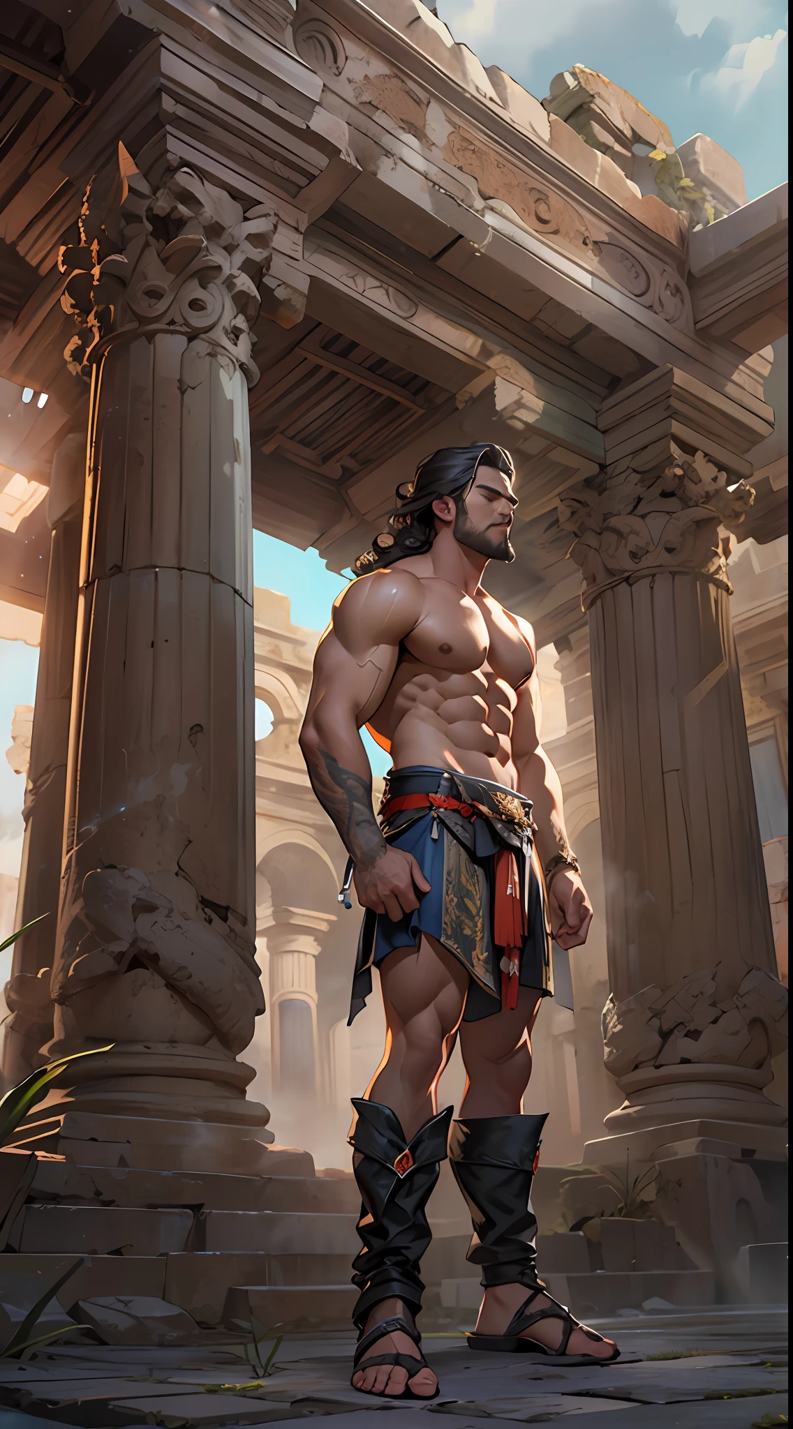 Ripped hero, shirtless upper body, legs revealed from thighs to feet, cascading long curls, intricate muscular details, photorealistic artwork, 4K resolution. Background: Mystic ancient ruins with glowing symbols,32k uhd, best quality, masterpiece, super detail, high details