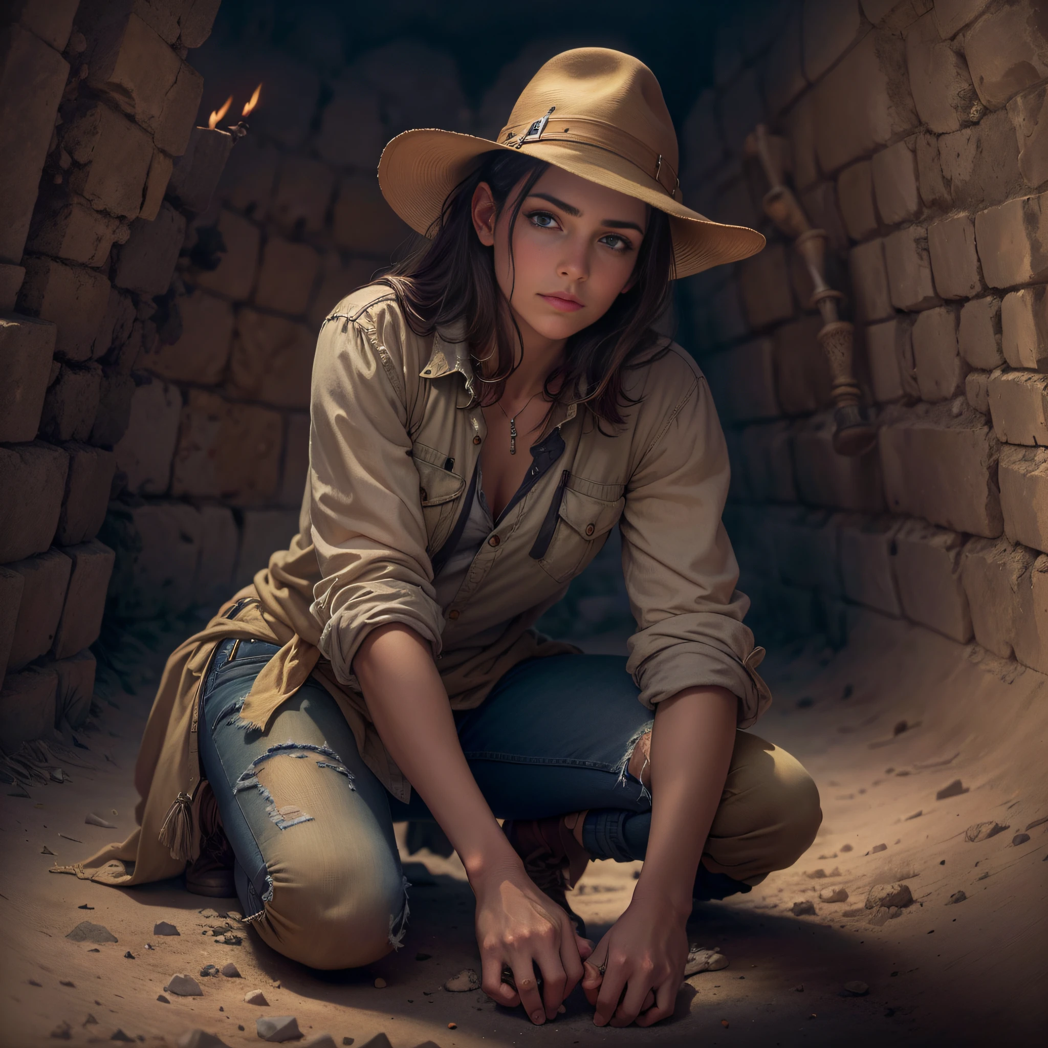 "((hiperrealista, fotorrealista, 8k, detalhes intrincados)), ((Front low angle image)), 1 a beautiful archaeologist with blue eyes and brown hair, seios fartos, coxas grossas, pele sedosa, rosto suado, corpo suado (humid), wearing a beige safari hat, uma camisa bege de manga curta e um shortinho jeans, botas, with an apprehensive look on his face ((rosto bem detalhado)) she's crouched walking through a mysterious, dark chamber ((dim lighting)) of an ancient pyramid, lit only by small melted candles on the floor, nos cantos"