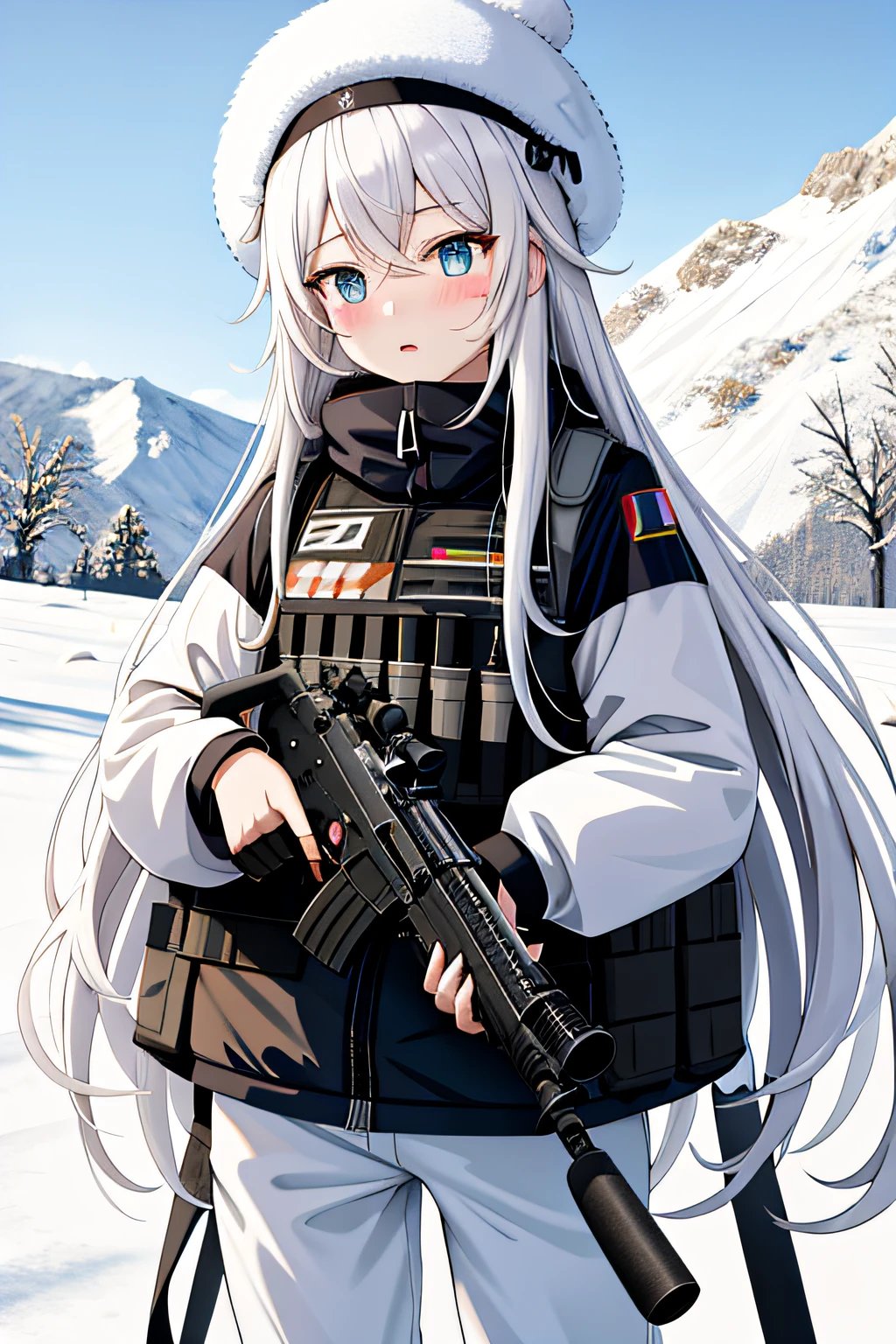masterpiece, best quality, highres, anime, art, blush stickers, long hair, white hair, blue eyes. camouflage clothing, bulletproof vest, fluffy white winter hat, camouflage white pants, serious, gun in hand, outdoors, snowy mountain, snow, flowers