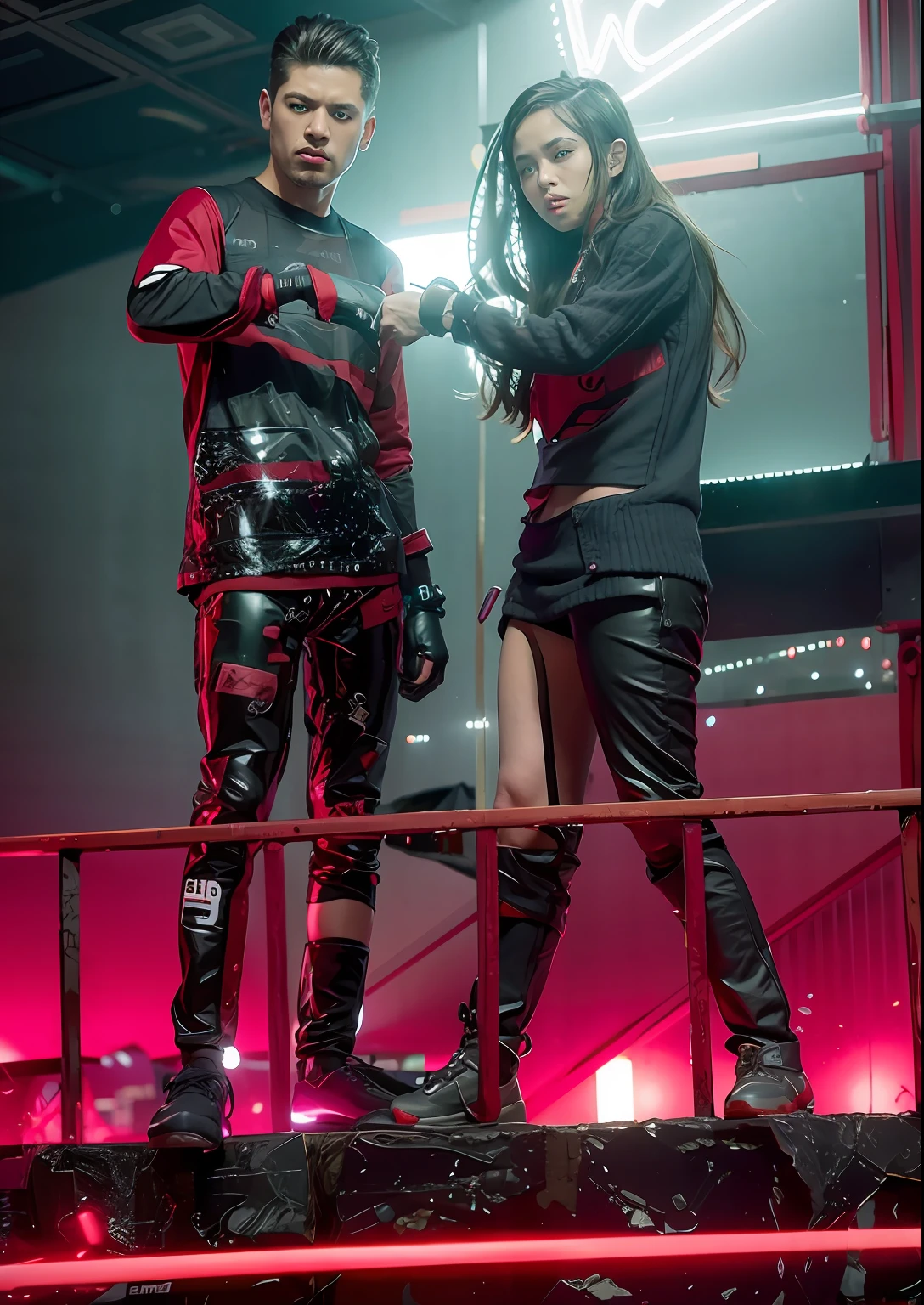 Background change, change background cyberpunk hd light look, man and women fight look, dressed cyberpunk look, hand stylish watch, shoes stylish