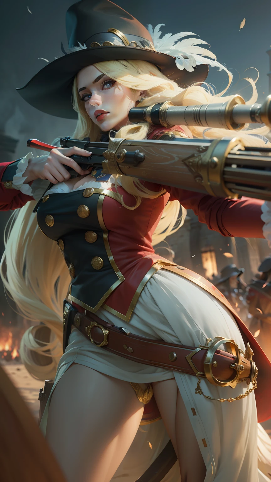 A female royal musketeer with long blonde hair, red lips, focus eyes, holding classic gun, elegant hat, feather on hat, busty girl, Riyal kingdom, beautiful girl, sexy, Sniper, best quality, masterpiece, 8k, ultra details, high resolution, Realistic,