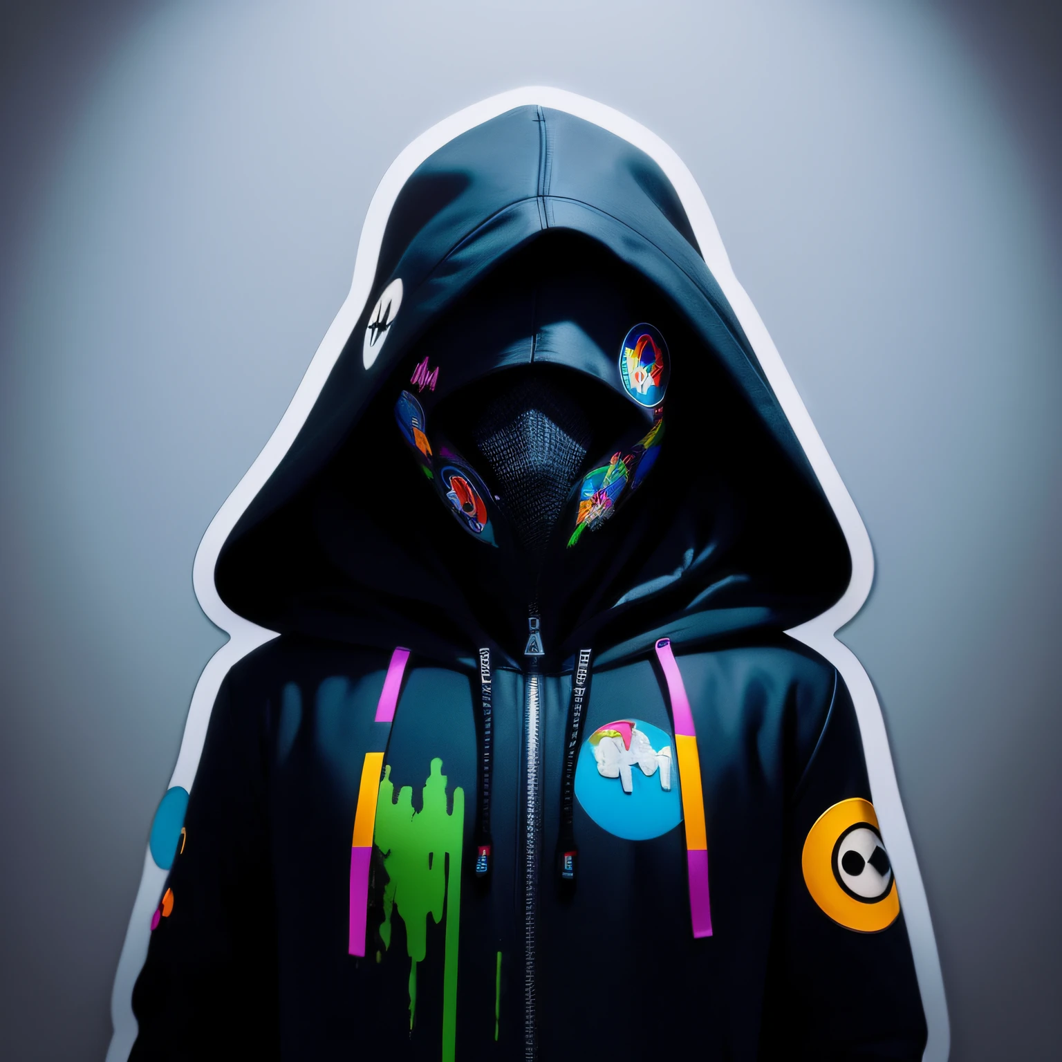 (((stickers))) man in a hoodedie, (hooded figure), look to front, ((middle)), (((centered))), realist, (masterpiece:1.5), street wear, (best quality), (ultra detailed), (4k,intricate), (highly detailed:1.2), wide shot, neon colors