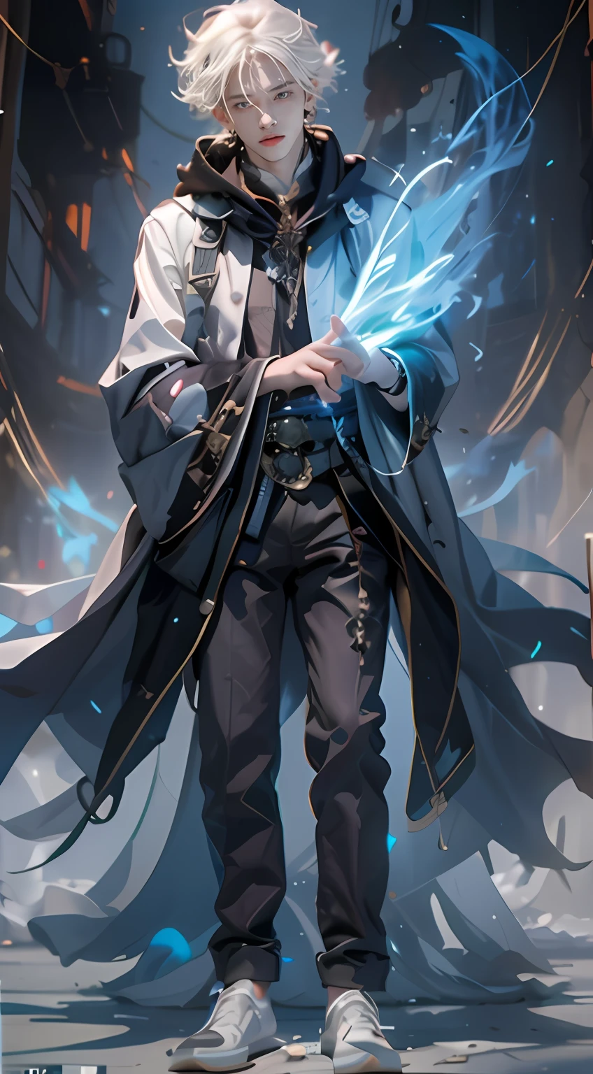 A high resolution，high detal，8K，（A boy:1.9），Handsome face，Black gauze covers the eyes，Swaying in the wind，Silvery-white short and medium hair standing on end，A gifted spell master，Black and white spell master set，Place two fingers on your chest with one hand，Sealing spells，Blue flame effect in the sealed position，A black, The red-eyed raven leaned on the boy's shoulder，The is very detailed，Ultra-high sharpness，Thick coating，