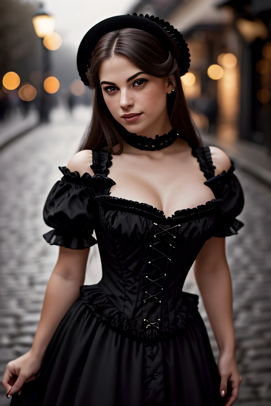 (sharp focus:1.2), photo, attractive young KariSweets , (beautiful face:1.1), detailed eyes, luscious lips, (cat eye makeup:0.85), (smile:1.2), wearing (black victorian dress:1.2) on a (night street:1.2). (moody lighting:1.2), depth of field, bokeh, 4K, HDR. by (James C. Christensen:1.2|Jeremy Lipking:1.1).