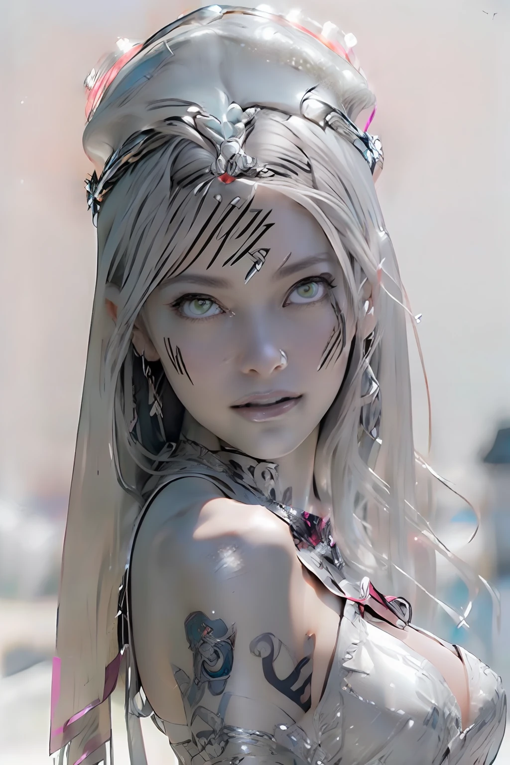 Ultra-detailed complex 3D rendering of the face, (masterpiece, top quality, octane rendering,), glamour shots full body image, very beautiful young elves, cleavage, (highly detailed skin: 1.2), (exposure: 1.1), ((blue micro bikini: 1.95)))). , 8k, (((very soft breasts)), (((conspicuous large pink areola)), beautiful Caucasian woman with white skin with full soft breasts with big buttocks, one, long braided hair, big breasts, dynamic angles, (((huge breasts: 2.4)), ultra-realistic photos, ((((((silver hair)))), futuristic urban background, facial muscles, (((((detailed and glamorous silver crown)))), In the style of Marvel Comics, ArtStation Trends, Clear Focus, Intricate Details, Very Detailed, Detailed Green Eyes, Sharp Focus, Digital Rendering, Professional, Abs, Lip Gloss, Glossy Skin, Sexy Pose, Golden Tattoo All Over Body, Silver Pattern All Over Body, Silver Lame Skin, Gold Glitter Skin, Mansuji, Buttocks, Jeweled All Over the Body, with silver scales, silver hair,