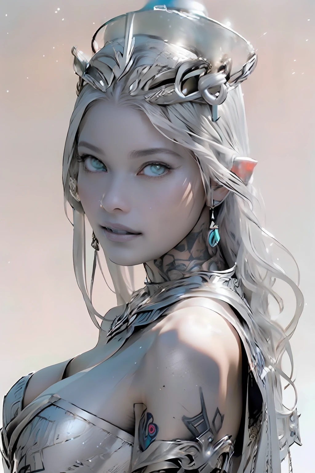 Ultra-detailed complex 3D rendering of the face, (masterpiece, top quality, octane rendering,), glamour shots full body image, very beautiful young elves, , (highly detailed skin: 1.2), (exposure: 1.1), ((blue micro bikini: 1.95)))). , 8k, (((very soft breasts)onspicuous large pink areola)), beautaucasian woman with white skin with full soft breasts with big buttne, long braided g breasts, dynamic angles, (((huge.4)), ultra-realistic photos, ((((((sair)))), futuristic urban background, facial muscles, (((((detailed and glamorous silver crown)))), In the style of Marvel Comics, ArtStation Trends, Clear Focus, Intricate Details, Very Detailed, Detailed Green Eyes, Sharp Focus, Digital Rendering, Professional, Abs, Lip Gloss, Glossy Skin, Sexy Pose, Golden Tattoo All Over Body, Silver Patternl Over Body, Silver Lame Skin, Gold Glitter Skin, Mansuji, Buttocks, Jeweled All Over the Body, with silver scales, air,