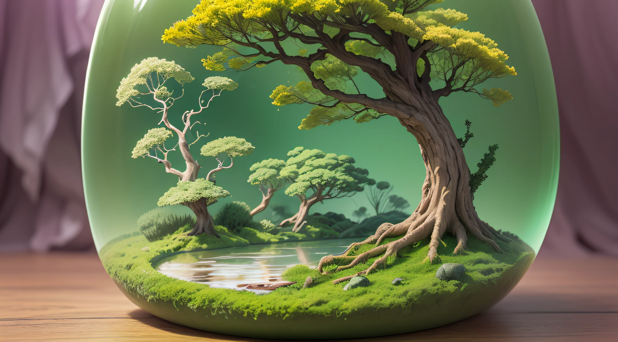 Computer Visualized Graphics, Watercolor Drawing, Realistic Fantasy, Extensive Landscape Ultrasound Photography (general view showing 
water, reflection, roots braiding glass, orchid inside, tree, moss), blurred background, gloomy, yellow, green, purple background, pink, warm, magic