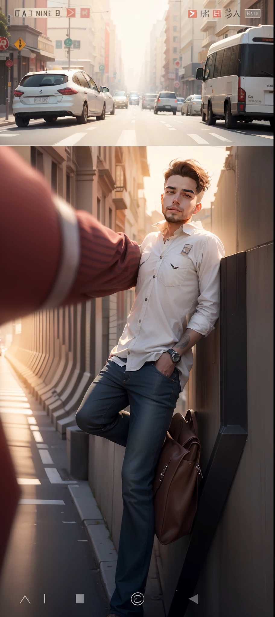 There is a man who is taking a selfie in a road, 25years old, front photo, , short hair . realistic face.ultra realistic