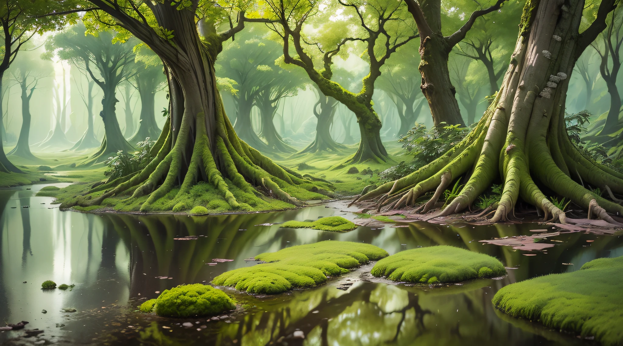 Computer Visualized Graphics, Watercolor Drawing, Realistic Fantasy, Extensive Landscape Ultrasound Photography (general view showing
water, reflection, roots braiding glass, orchid inside, tree, moss), blurred background, gloomy, yellow, green, purple background, pink, warm, magic