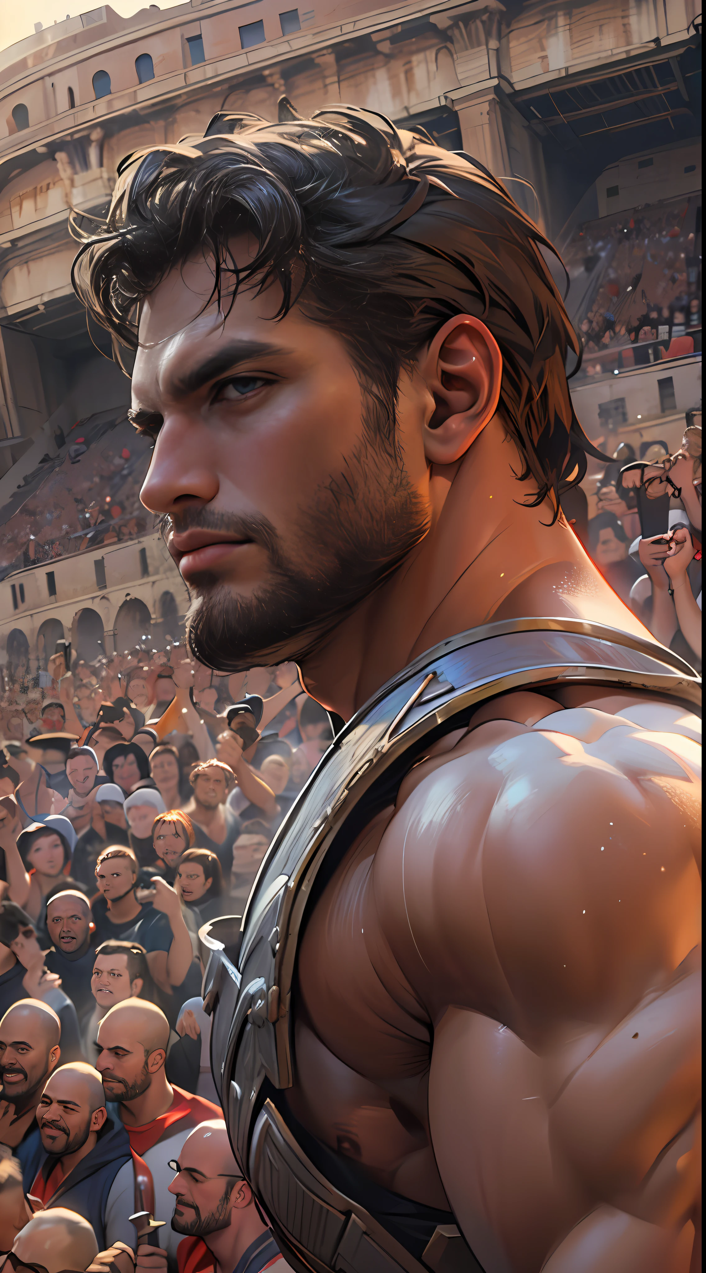 Mighty gladiator, upper torso exposed, legs unclothed from thighs to feet, flowing long curls, detailed muscular physique, lifelike depiction, 4K resolution. Background: Roman colosseum filled with cheering crowd.,32k uhd, best quality, masterpiece, super detail, high details