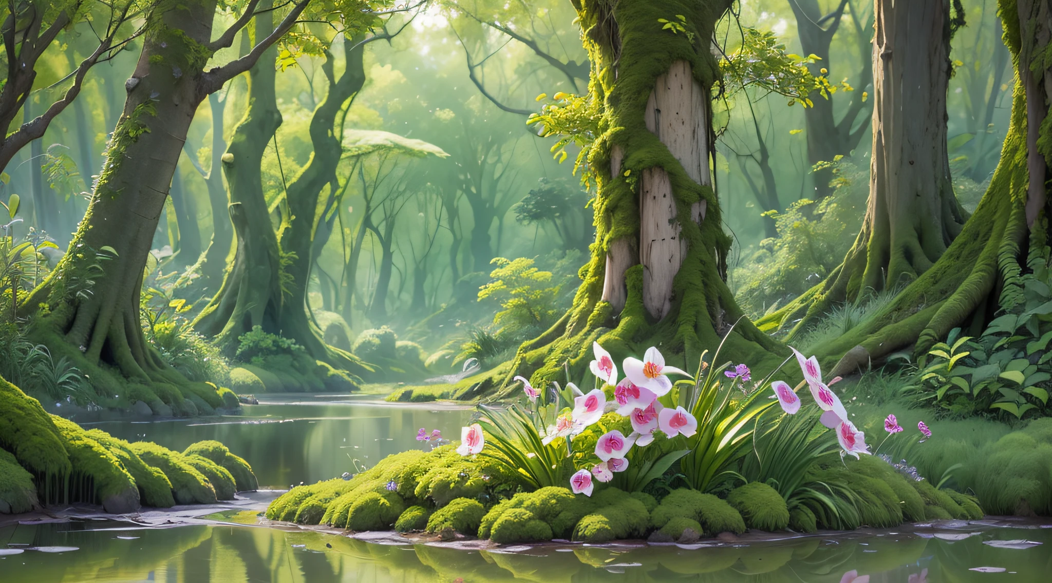 Computer Visualized Graphics, Watercolor Drawing, Realistic Fantasy, Extensive Landscape Ultrasound Photography (general view showing 
water, reflection, roots braiding glass, orchid inside, tree, moss), blurred background, gloomy, yellow, green, purple background, pink, warm, magic