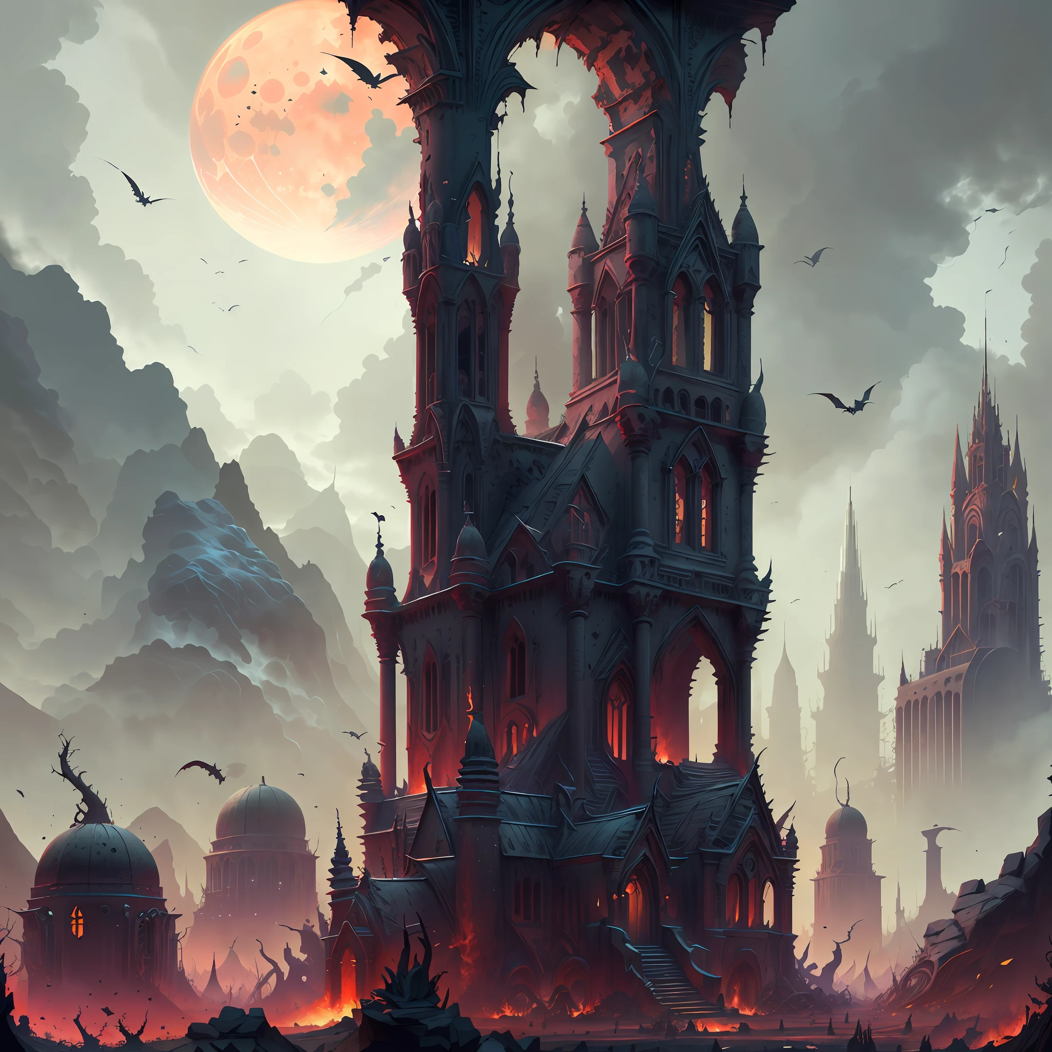 A creepy black castle，Fortress of fantasy，spires，minaret，Masonry construction，Rust carved pattern，Iron railings，Broken appearance，Black clouds，Black sky，Black night，（Big red moon：1.2），green lightning，Big old tree，Surrounded by mountains，the woods，A swarm of flying bats，Gothpunk，gothicarchitecture，Arched windows，The windows are dimly red and black lighted，Punk-style ruins，stereogram, Black tones，cinematic lighting,  8k, super detail, ccurate, best quality