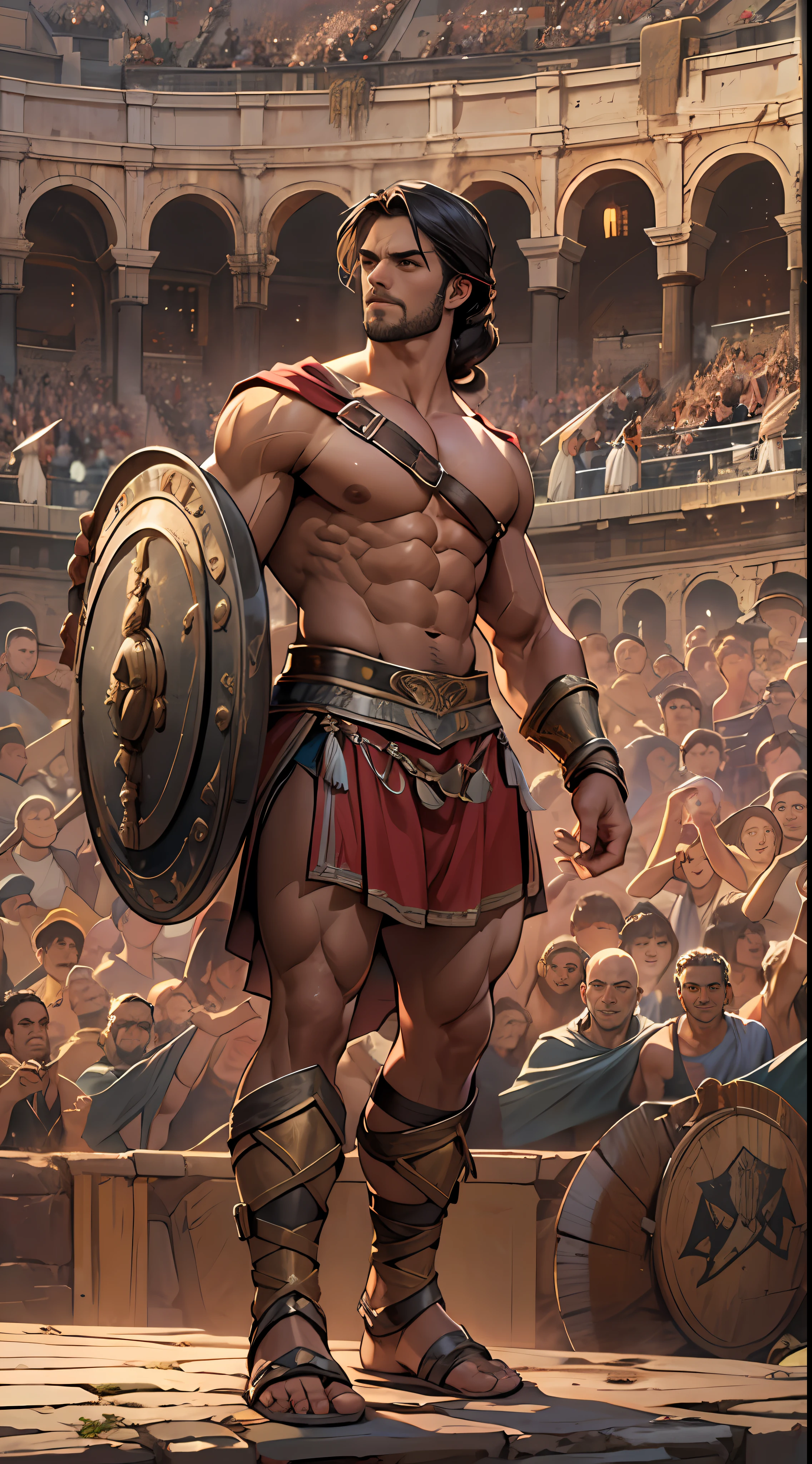 Mighty gladiator, upper torso exposed, legs unclothed from thighs to feet, flowing long curls, detailed muscular physique, lifelike depiction, 4K resolution. Background: Roman colosseum filled with cheering crowd.,32k uhd, best quality, masterpiece, super detail, high details