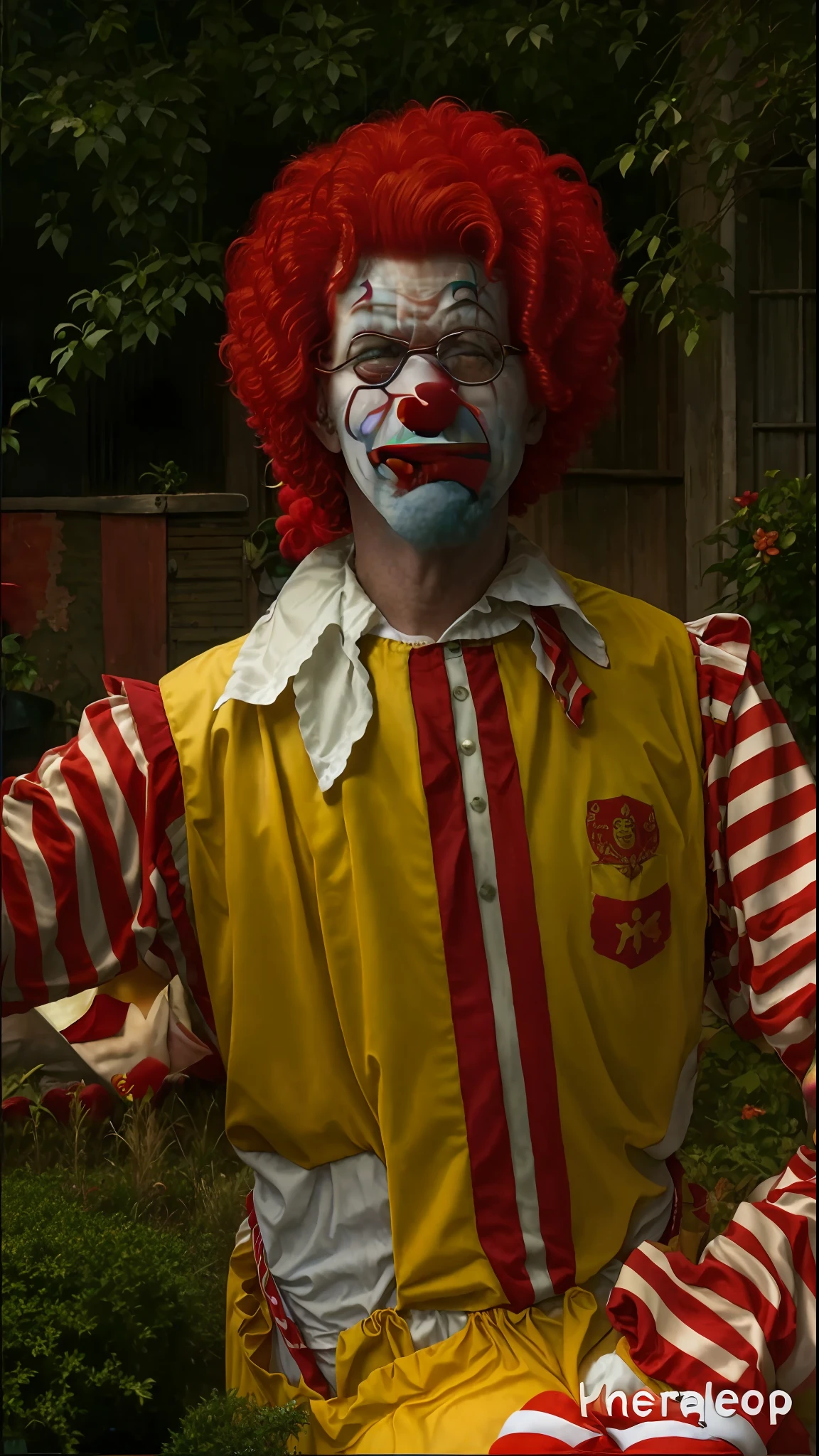clown dressed in red wig and striped shirt of clown ronald mcdonalds, sentado em um banco, ronald mcdonald, Imagem de Ronald McDonald, Ronald McDonald como um Muppet, pauline hanson as a clown, Penteado vermelho Ronald McDonald, red ronald mcdonald messy hair, Cabelo vermelho de Ronald McDonald, capitalist clown, Mcdonald, wearing accurate clown makeup, communist clown, Stephen King como Pennywise, the clown is far from the camera