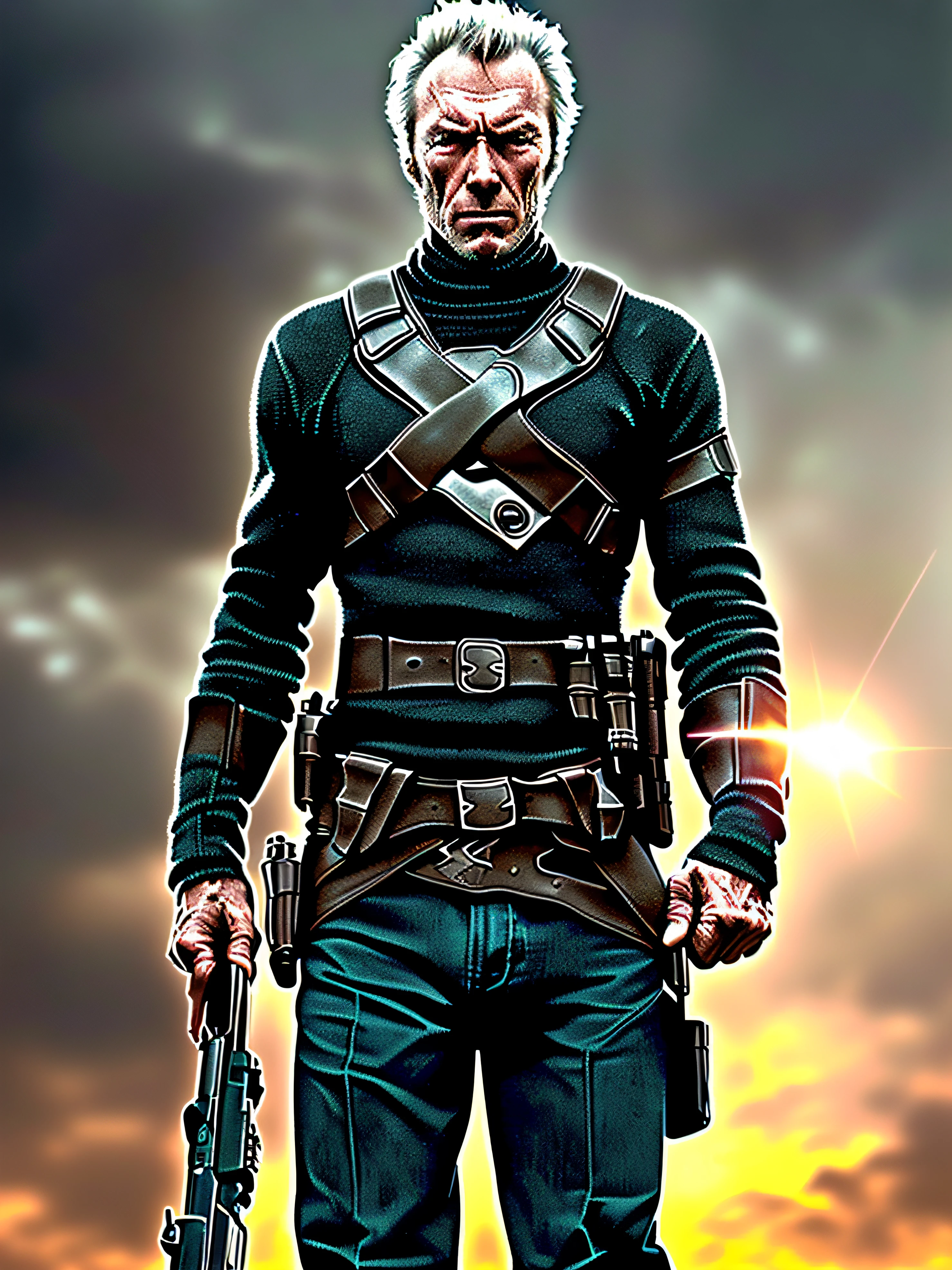 modelshoot style, (extremely detailed CG unity 8k wallpaper), portrait of (clint eastwood young:1.1), holding a gun staring at us with a mysterious gaze, realistic, masterpiece, highest quality, ((scifi)), lens flare, ((light sparkles)), unreal engine, digital painting, Style-TronLegacy-8v-B, trending on ArtStation, trending on CGSociety, Intricate, High Detail, dramatic, realism, beautiful and detailed lighting, shadows