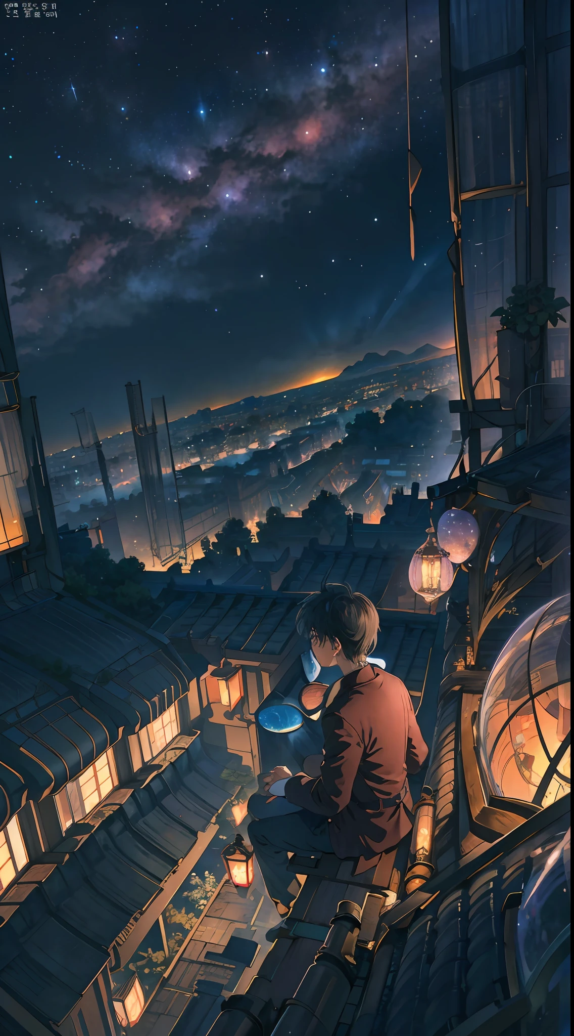 Best quality details，tmasterpiece，ultra-detailliert，detailed back ground，anime big breast，1 boys，Young boys，Short boy，scientific fiction，exteriors，the night，starrysky，glasshouse，megastructures，bio-dome，The landscape，scenecy，horizon，the roof，sitting on rooftop，ventania，view from long distance，Atmospheric lighting，Focus individually，closeup cleavage，Side angle，depth of fields，Background bokeh。