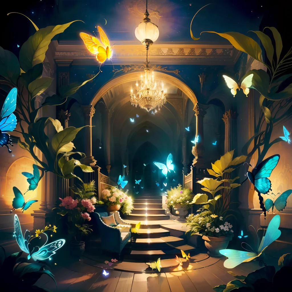 Magic butterflies fly, dance in the castle room