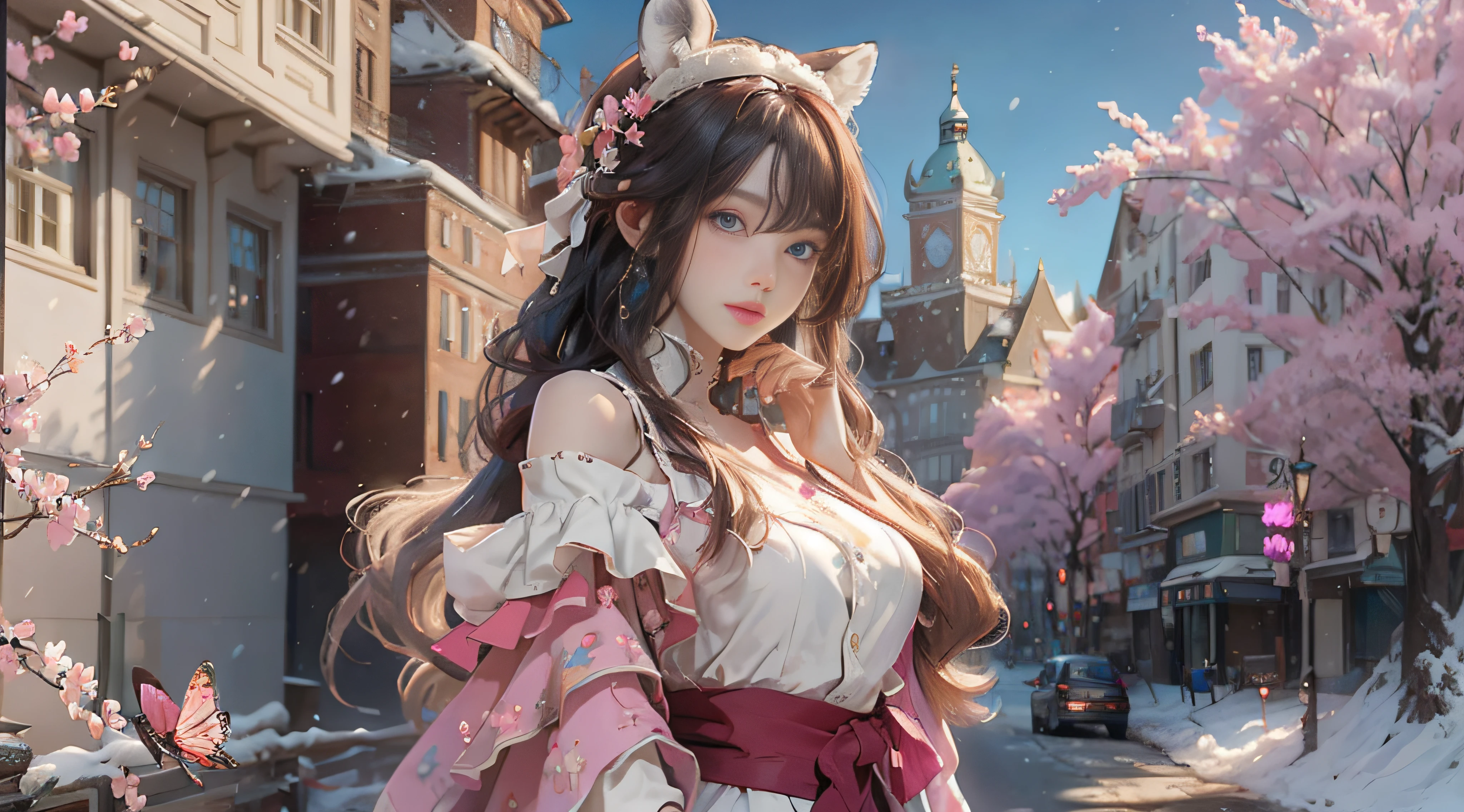 ((best qualtiy)), ((tmasterpiece)), (detail:1.4), Beautiful cyberpunk female images,hdr(HighDynamicRange),Ray traching,NVIDIA RTX,Hyper-Resolution,illusory 5,sub surface scattering,PBR textures,post-proces,Anisotropy Filtering,depth of fields,maximum definition and sharpness,Many-Layer Textures,Albedo e mapas Speculares,Surface coloring,Mitsu-Accurate simulation of material interactions,perfectly proportioned,rendering by octane,Two-colored light,largeaperture,Low ISO,White balance,Rule three points、8K raw data、Beautiful bright blue pupils,off-the-shoulder clothes,Fine pupils,Delicate face and eyes,long eyelasher,Blushlush,Delicate and fluffy hair,pink lip,Pure,Cute face,Sweet girl,Artistic sense,Casual wear,Advancedsense,butterflys,Cherry blossom petal,Beautiful hair accessories,Long hair and waist,Hair fluttering in the wind,Snow-white fox ears,curlies