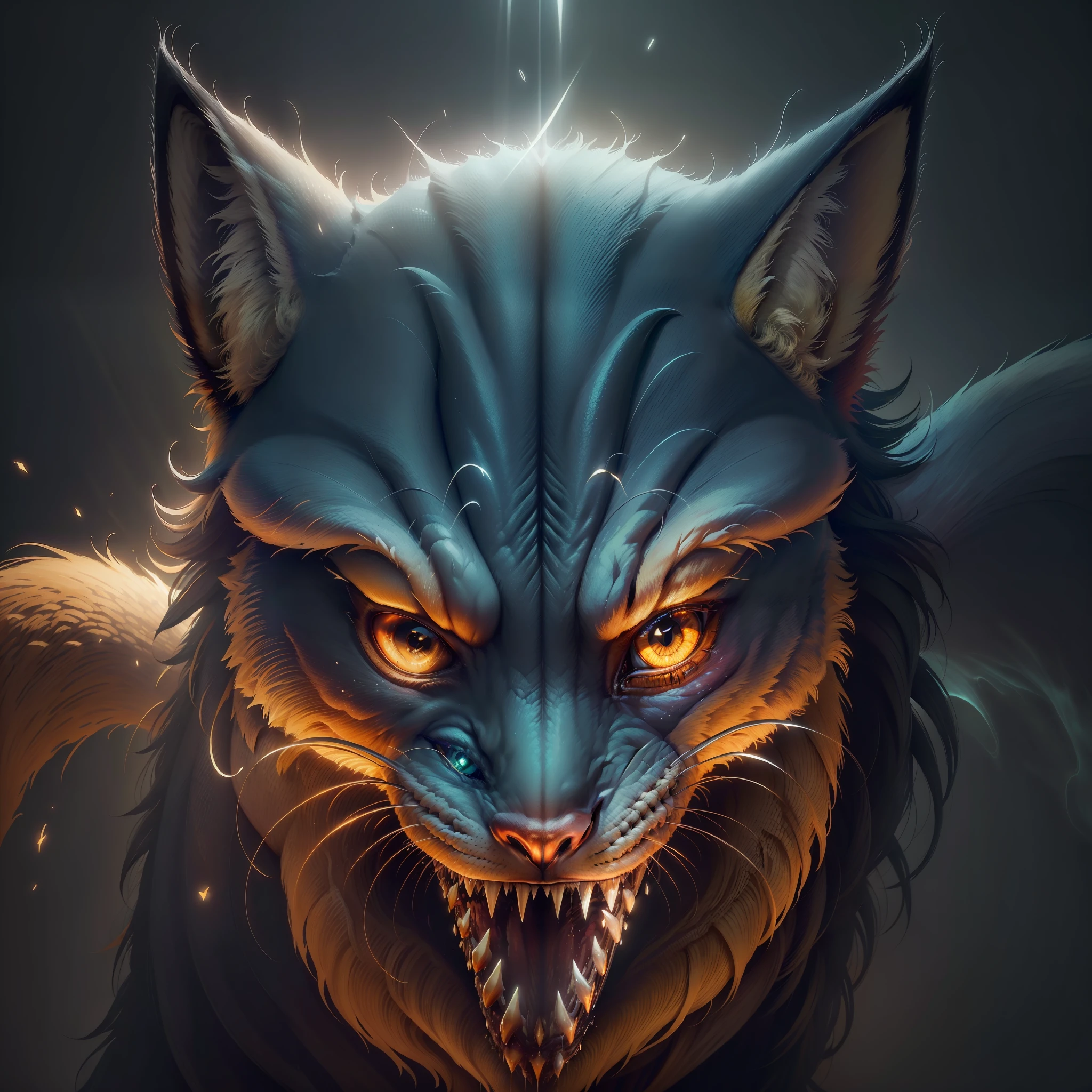 (Fox Realista), animal selvagem, feroz, com dentes grandes afiados), (Imagem ultrarrealista altamente detalhada:1.2), (fotorrealista:1.2), com detalhes intrincados. (Background with lighting effects with rays and powers of bright colors with high contrast and saturation:1.2). ((cinematic photography, UHD, 8k)), ((de corpo inteiro)), ((foco nítido:1.2))