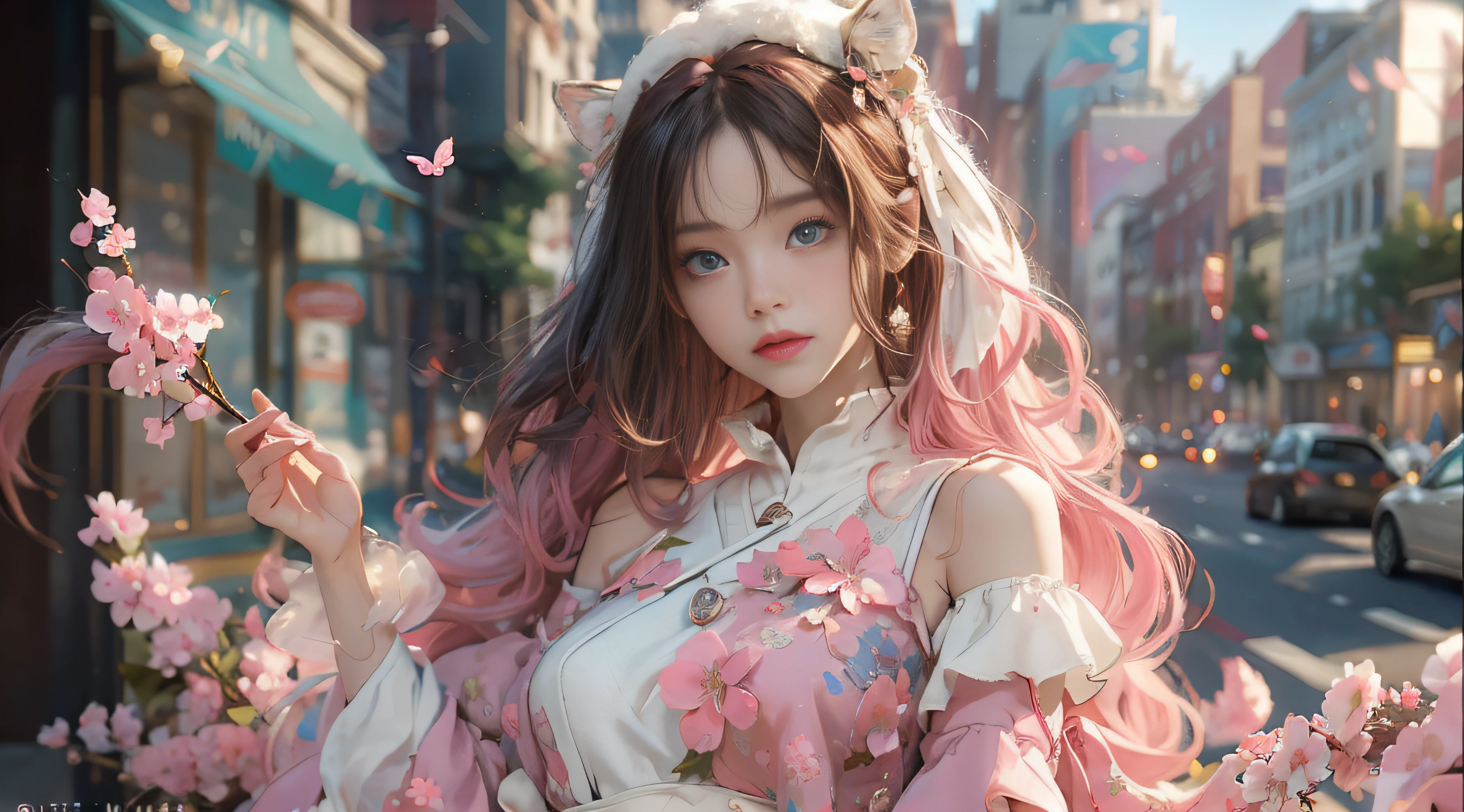 （（best qualtiy））， （（tmasterpiece））， （detail：1.4）， Beautiful cyberpunk female images，hdr（HighDynamicRange），Ray traching，NVIDIA RTX，Hyper-Resolution，illusory 5，sub surface scattering，PBR textures，post-proces，Anisotropy Filtering，depth of fields，maximum definition and sharpness，Many-Layer Textures，Albedo e mapas Speculares，Surface coloring，Mitsu-Accurate simulation of material interactions，perfectly proportioned，rendering by octane，Two-colored light，largeaperture，Low ISO，White balance，Rule three points、8K raw data、Beautiful bright blue pupils，off-the-shoulder clothes，Fine pupils，Delicate face and eyes，long eyelasher，Blushlush，Delicate and fluffy hair，pink lip，Pure，Cute face，Sweet girl，Artistic sense，Casual wear，Advancedsense，butterflys，Cherry blossom petal，Beautiful hair accessories，Long hair and waist，Hair fluttering in the wind，Snow-white fox ears，curlies