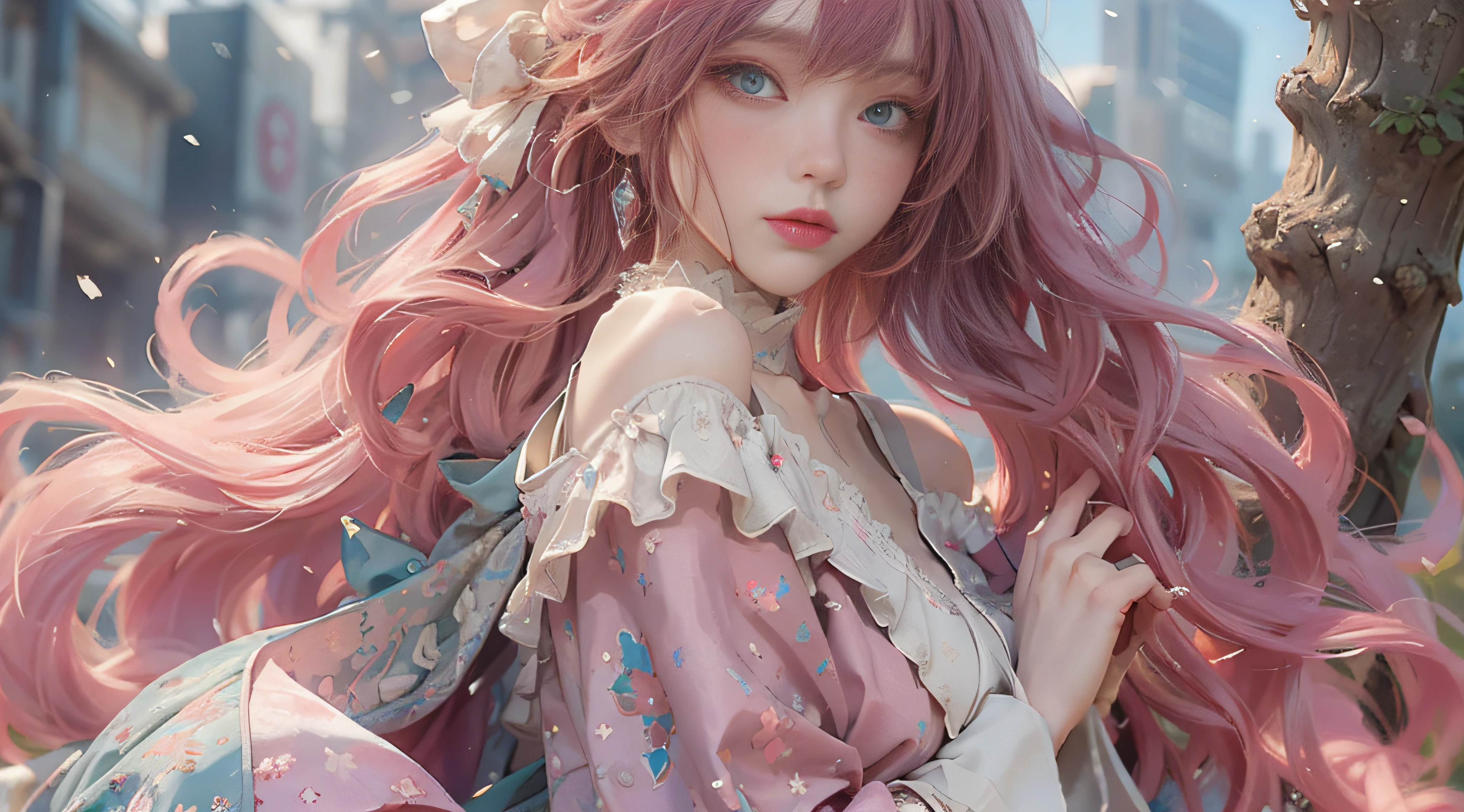((best qualtiy)), ((tmasterpiece)), (detail:1.4), Beautiful cyberpunk female images,hdr(HighDynamicRange),Ray traching,NVIDIA RTX,Hyper-Resolution,illusory 5,sub surface scattering,PBR textures,post-proces,Anisotropy Filtering,depth of fields,maximum definition and sharpness,Many-Layer Textures,Albedo e mapas Speculares,Surface coloring,Mitsu-Accurate simulation of material interactions,perfectly proportioned,rendering by octane,Two-colored light,largeaperture,Low ISO,White balance,Rule three points、8K raw data、Beautiful bright blue pupils,off-the-shoulder clothes,Fine pupils,Delicate face and eyes,long eyelasher,Blushlush,Delicate and fluffy hair,pink lip,Pure,Cute face,Sweet girl,Artistic sense,Casual wear,Advancedsense,butterflys,Cherry blossom petal,Beautiful hair accessories,Long hair and waist,Hair fluttering in the wind,Snow-white fox ears,curlies