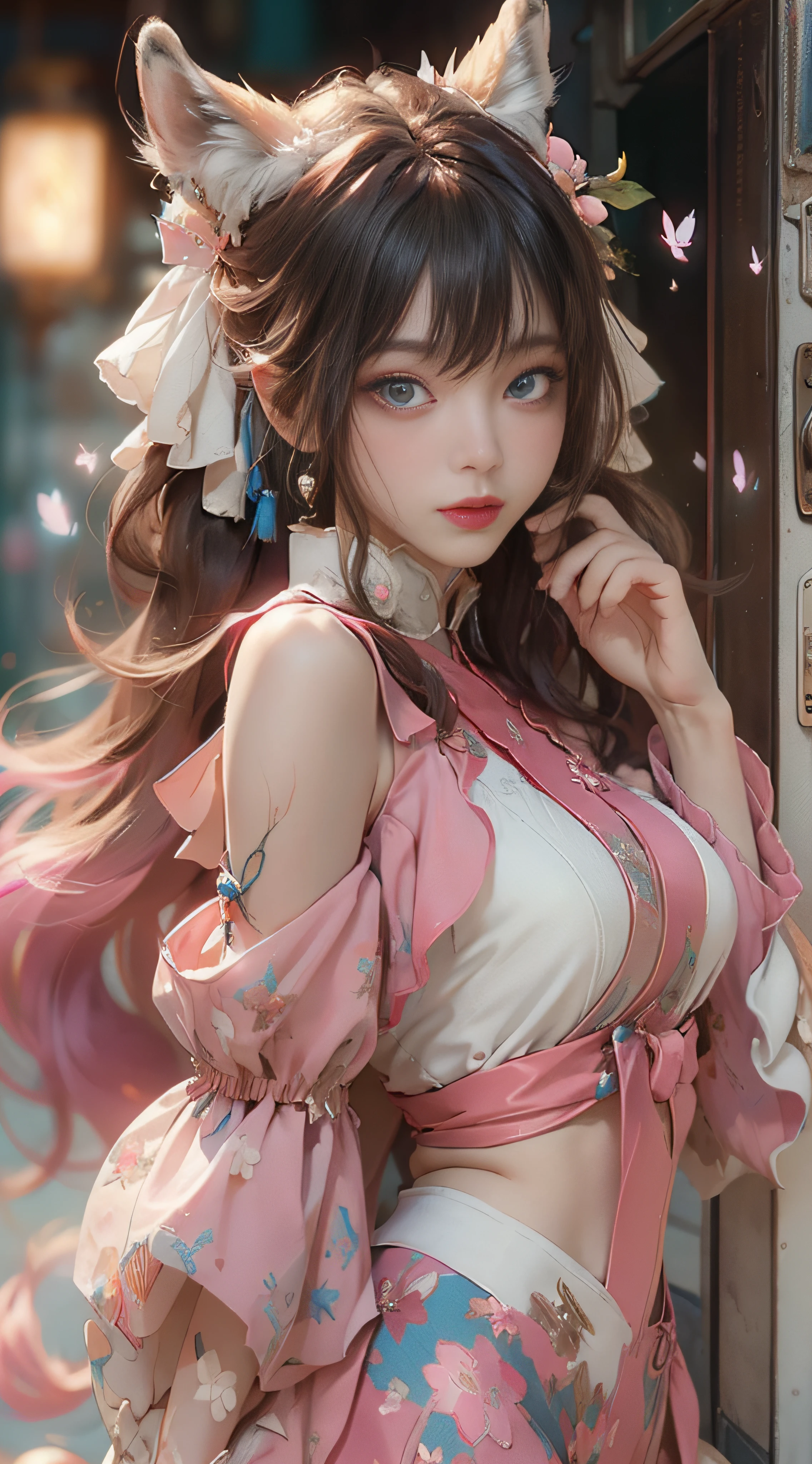 （（best qualtiy））， （（tmasterpiece））， （detail：1.4）， Beautiful cyberpunk female images，hdr（HighDynamicRange），Ray traching，NVIDIA RTX，Hyper-Resolution，illusory 5，sub surface scattering，PBR textures，post-proces，Anisotropy Filtering，depth of fields，maximum definition and sharpness，Many-Layer Textures，Albedo e mapas Speculares，Surface coloring，Mitsu-Accurate simulation of material interactions，perfectly proportioned，rendering by octane，Two-colored light，largeaperture，Low ISO，White balance，Rule three points、8K raw data、Beautiful bright blue pupils，off-the-shoulder clothes，Fine pupils，Delicate face and eyes，long eyelasher，Blushlush，Delicate and fluffy hair，pink lip，Pure，Cute face，Sweet girl，Artistic sense，Casual wear，Advancedsense，butterflys，Cherry blossom petal，Beautiful hair accessories，Long hair and waist，Hair fluttering in the wind，Snow-white fox ears，curlies