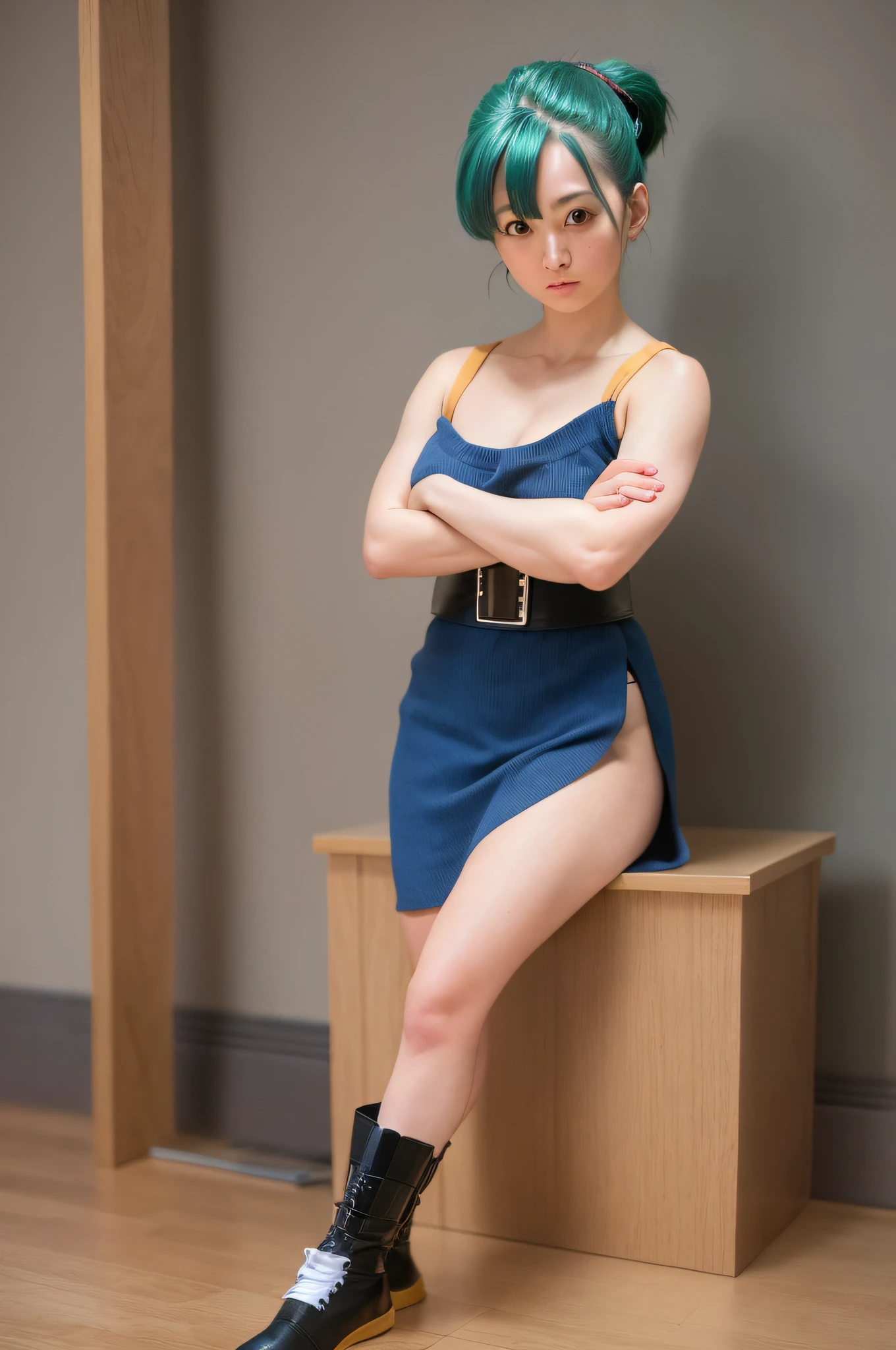 Full body shot Realistic portrait photography of (BULMA) De Dragon Ball con ropa samurai