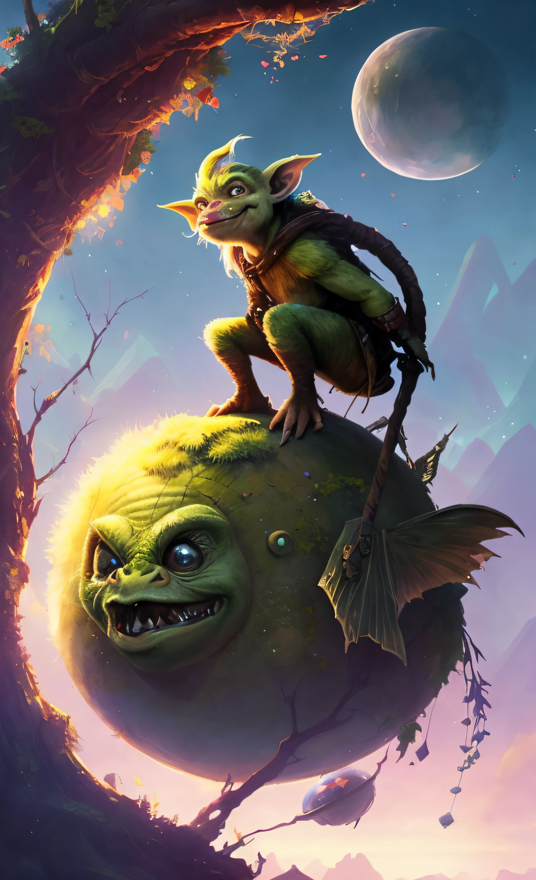 There is a cartoon picture of a troll on a giant ball, Goblin Art, A fantasy goblin drank, Medium portrait of a goblin, Portrait of a Goblin, goblin, beeple and jeremiah ketner, fantasy art behance, Goblin Pirate, A friendly guy and a little creature, Paul Lehr & Beeple, Todd Lockwood, Epic full-color illustration