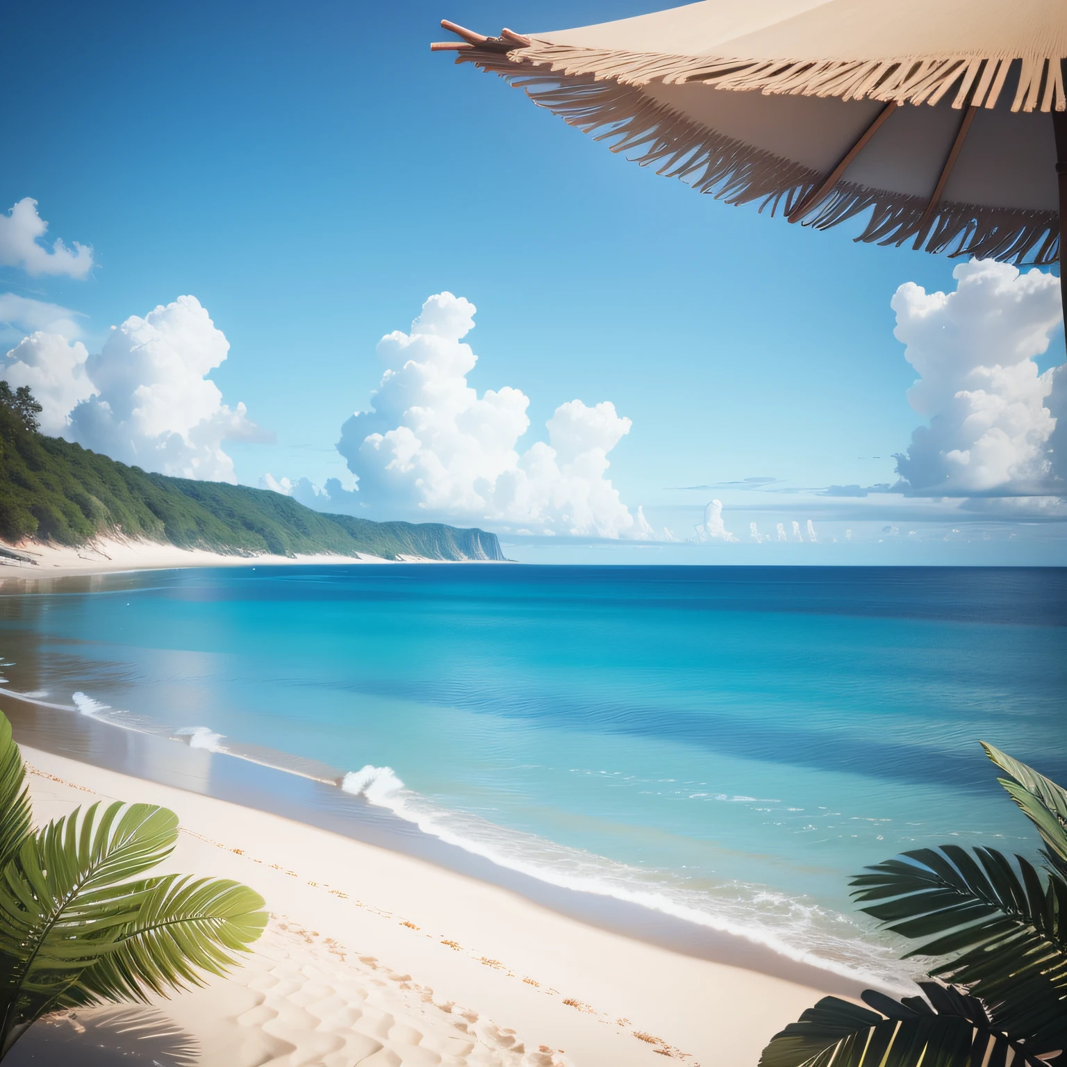 a pleasing detailed 3d render photo of a beach with blue silent sea and blue silent sky