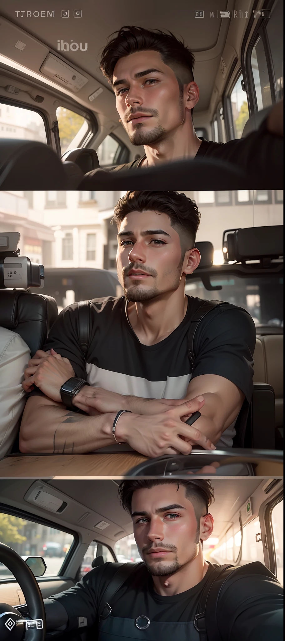 There is a man who is taking a selfie in a road, 26years old, front photo, , short hair . realistic face.ultra realistic