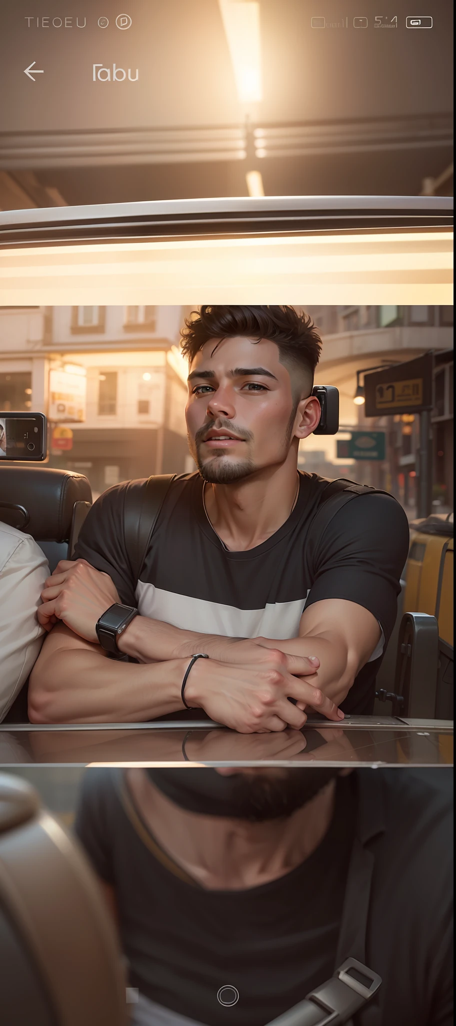 There is a man who is taking a selfie in a road, 26years old, front photo, , short hair . realistic face.ultra realistic