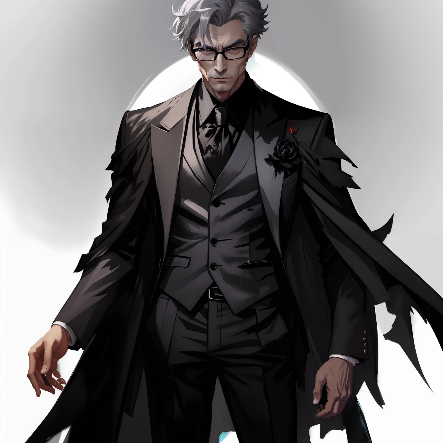 hyper-high detail，Solid black background，light grey hair，Black framed glasses men，Wearing a gorgeous black suit，Black leather shoes，black cloaths，Full body standing painting，Demon lover painting style，darkly，Wear a gray shirt and tie，Handsome anime characters, official character illustration, quadratic element