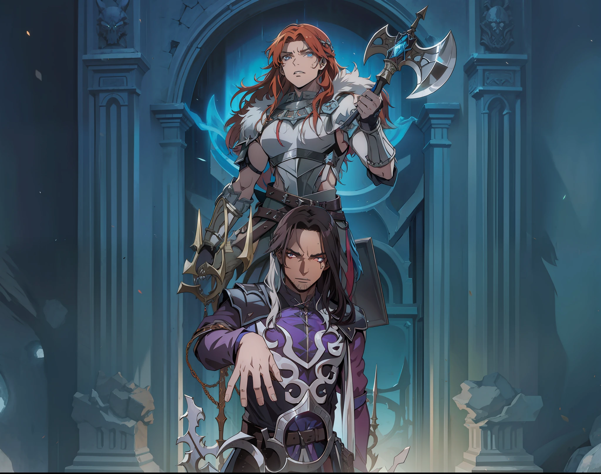 Brown-skinned Necromancer Man and Raging Nordic Viking Warrior at an Ice Gate Ghost Dark Fantasy Dark Lighting 8k
