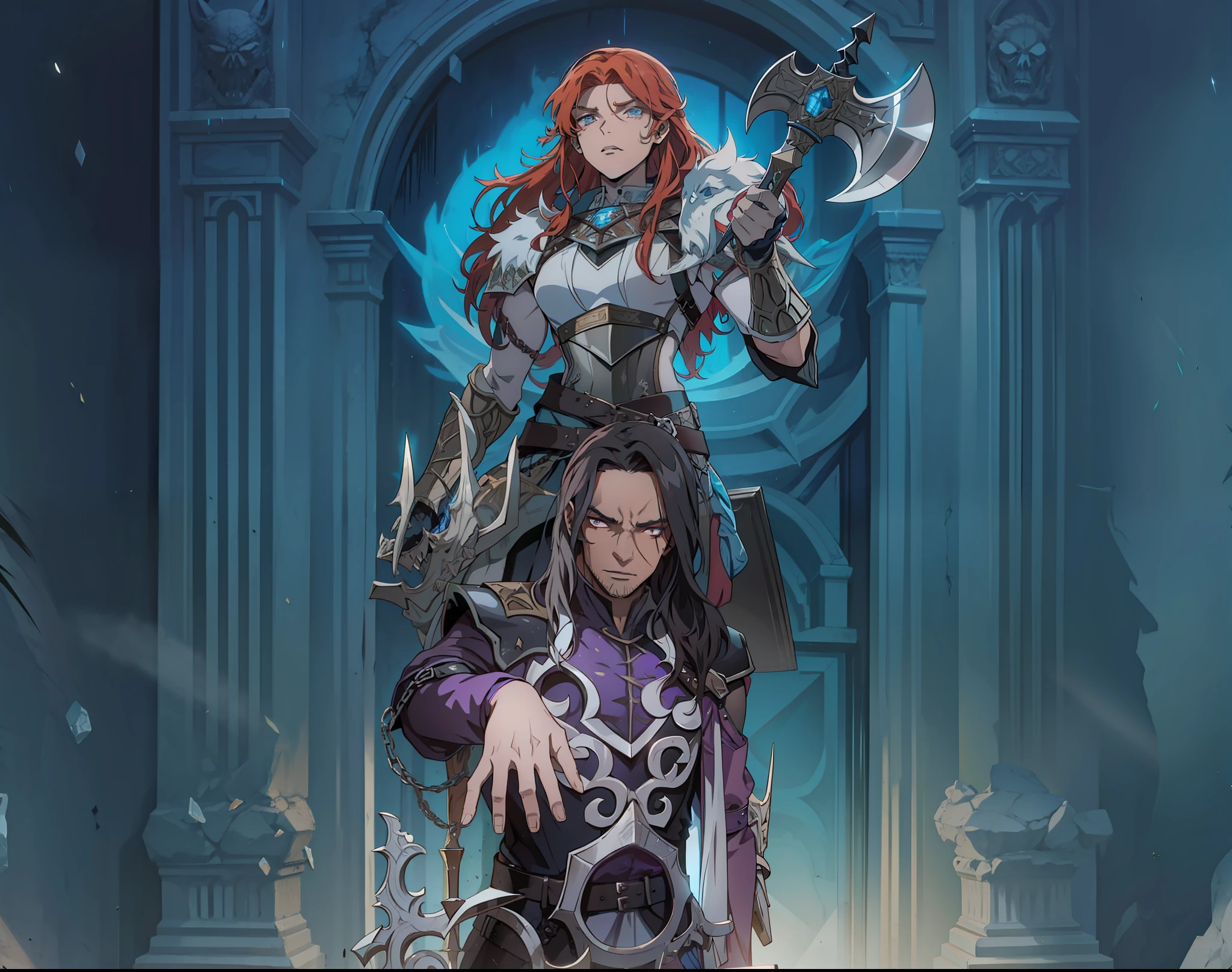Brown-skinned Necromancer Man and Raging Nordic Viking Warrior at an Ice Gate Ghost Dark Fantasy Dark Lighting 8k